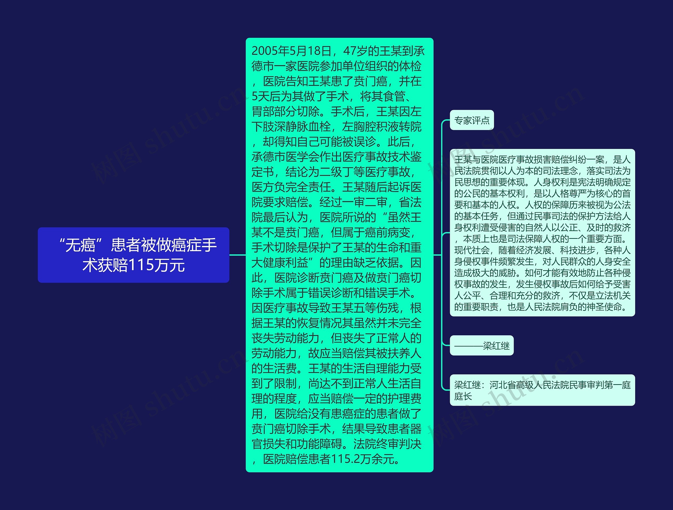 “无癌”患者被做癌症手术获赔115万元思维导图