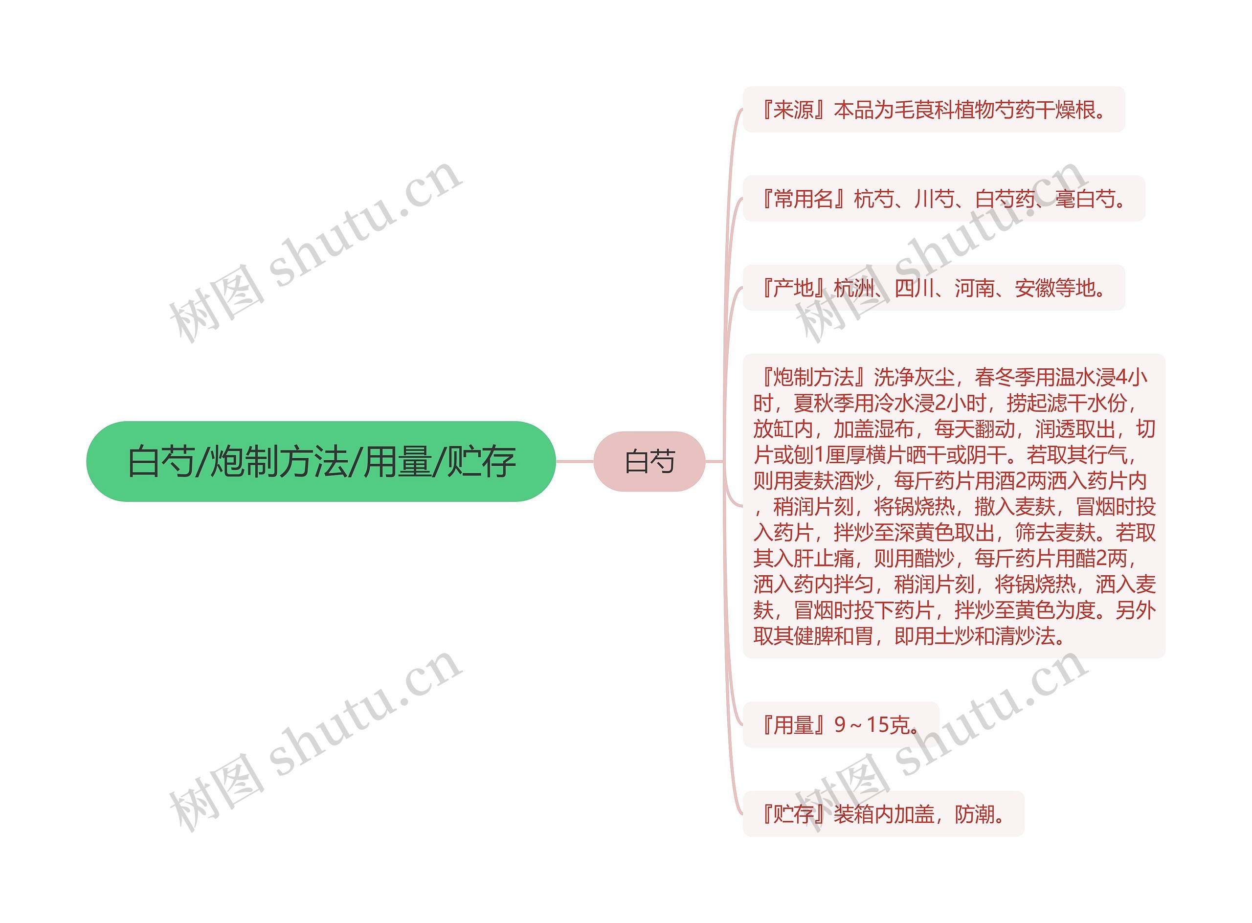 白芍/炮制方法/用量/贮存思维导图