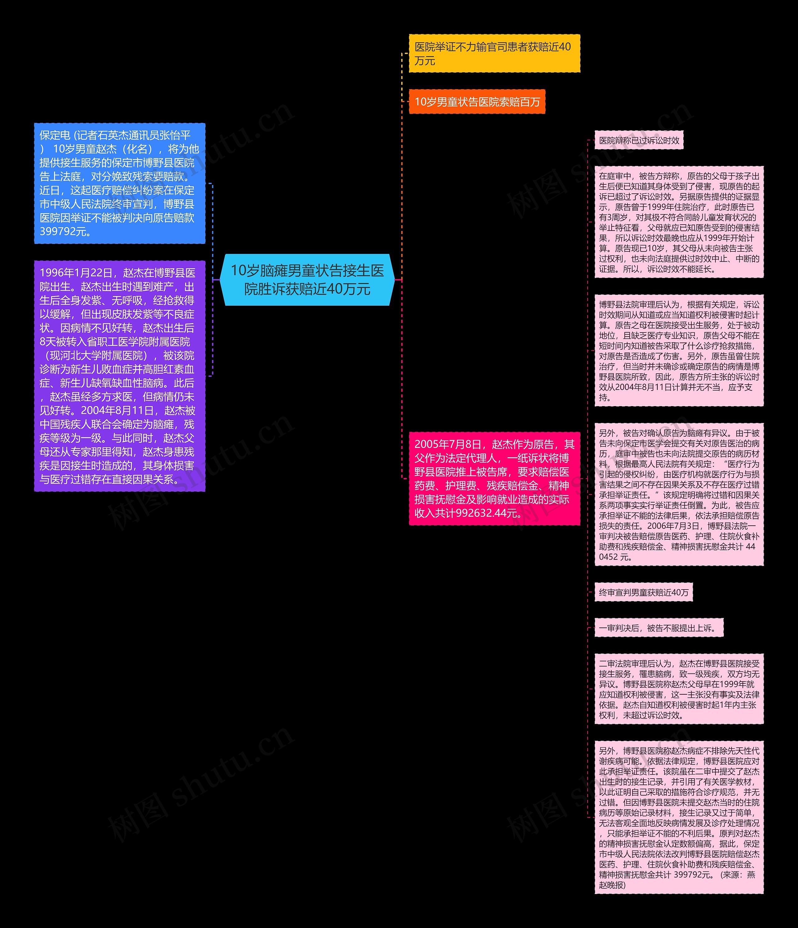 10岁脑瘫男童状告接生医院胜诉获赔近40万元思维导图