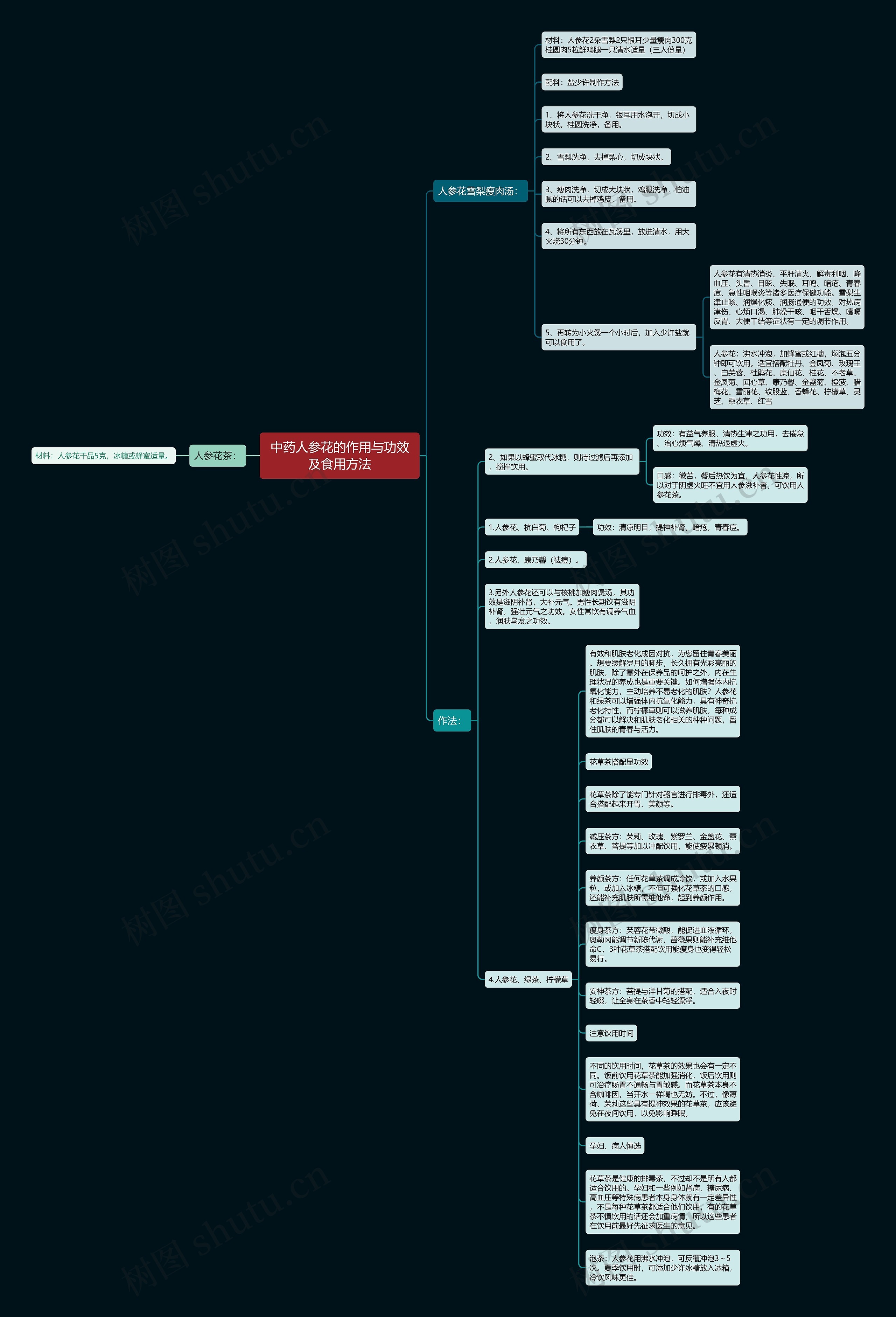 中药人参花的作用与功效及食用方法思维导图