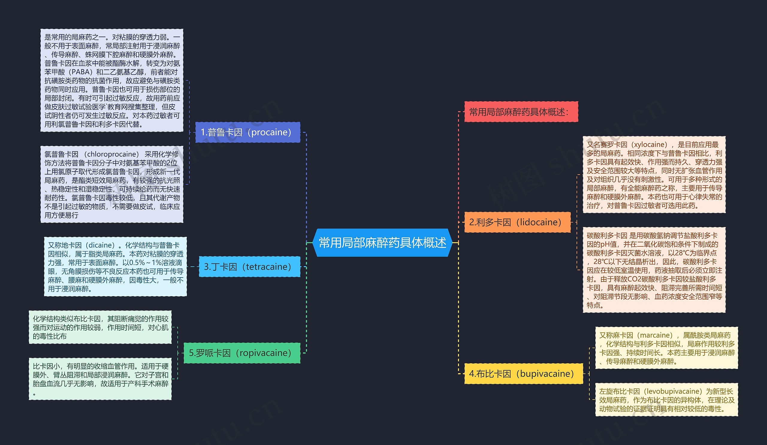 常用局部麻醉药具体概述思维导图