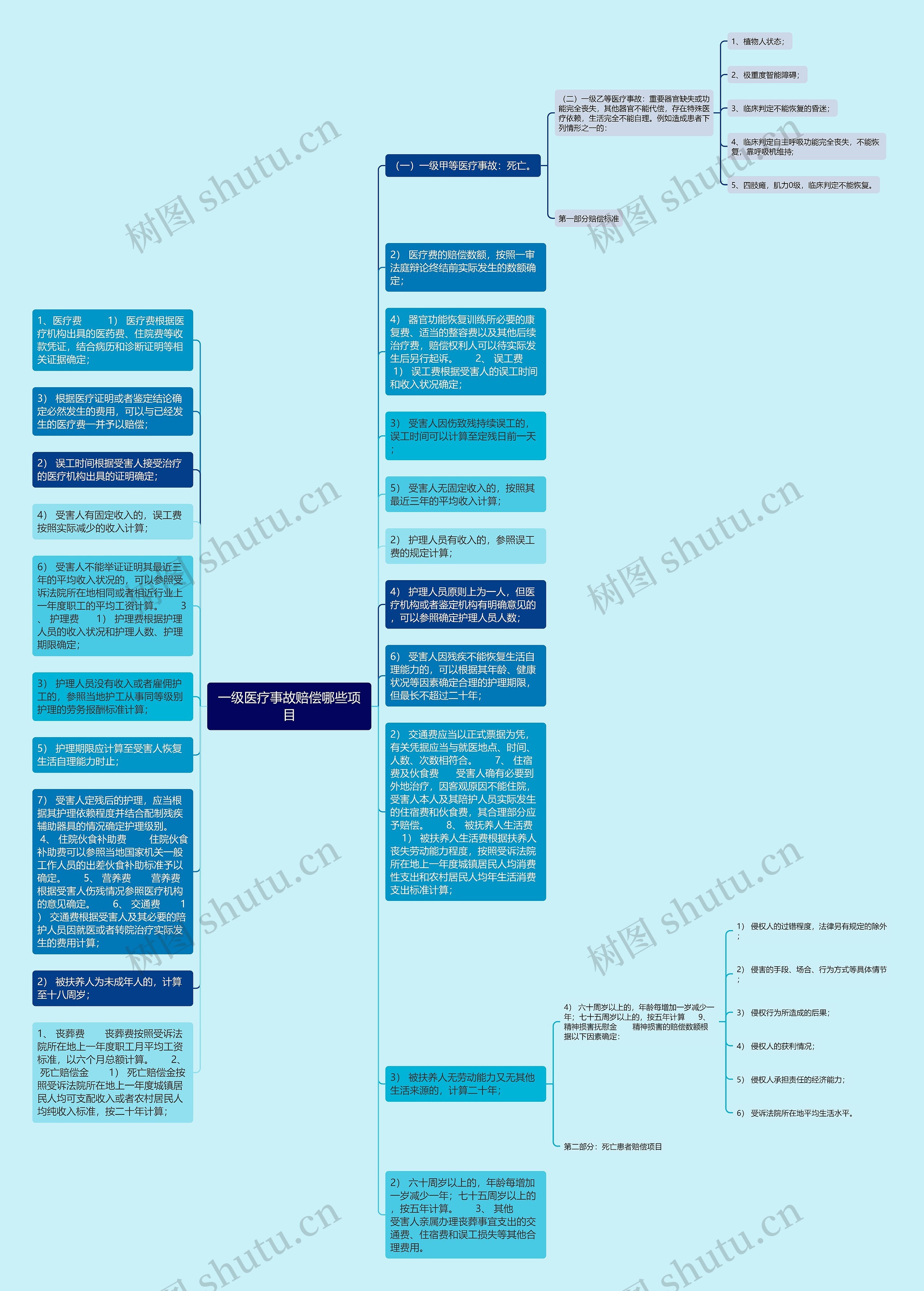 一级医疗事故赔偿哪些项目思维导图