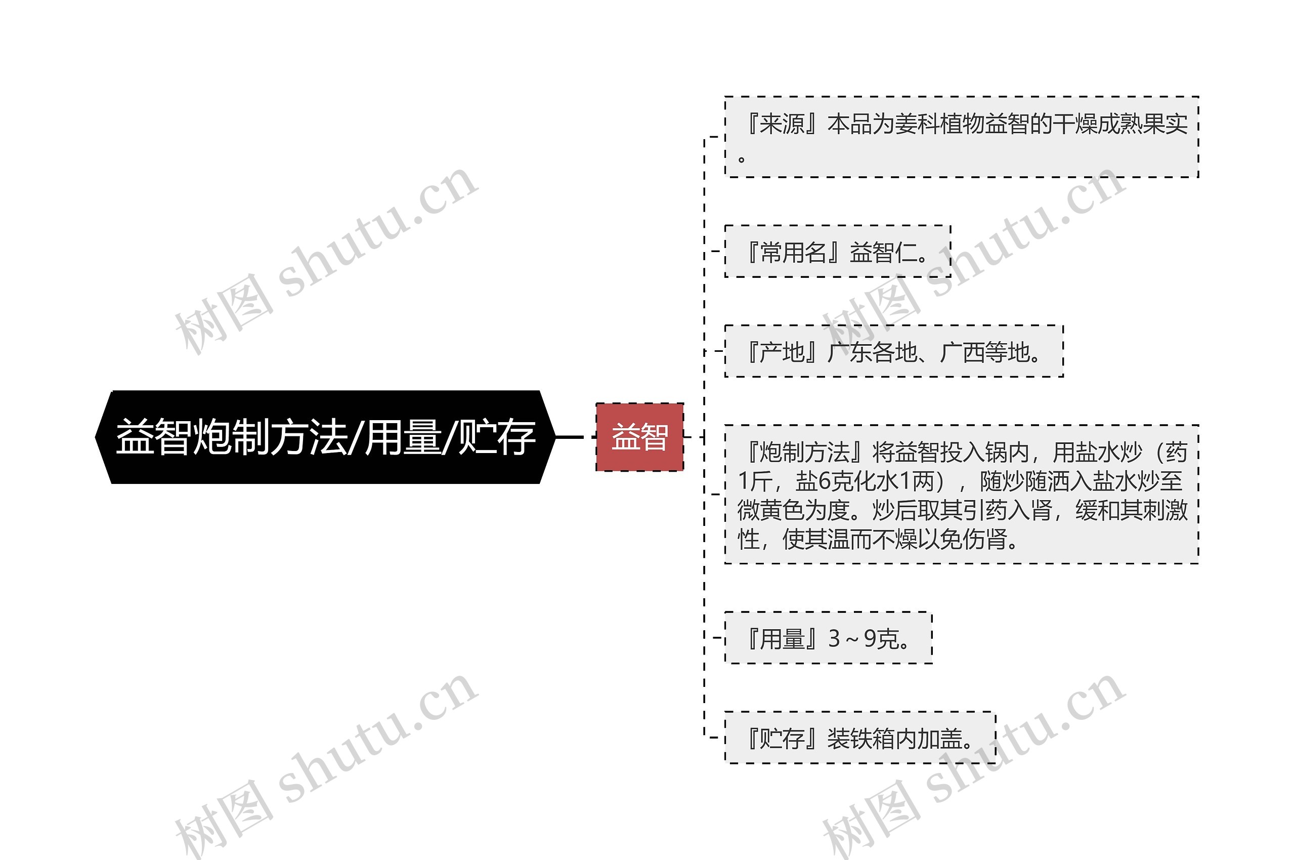 益智炮制方法/用量/贮存思维导图