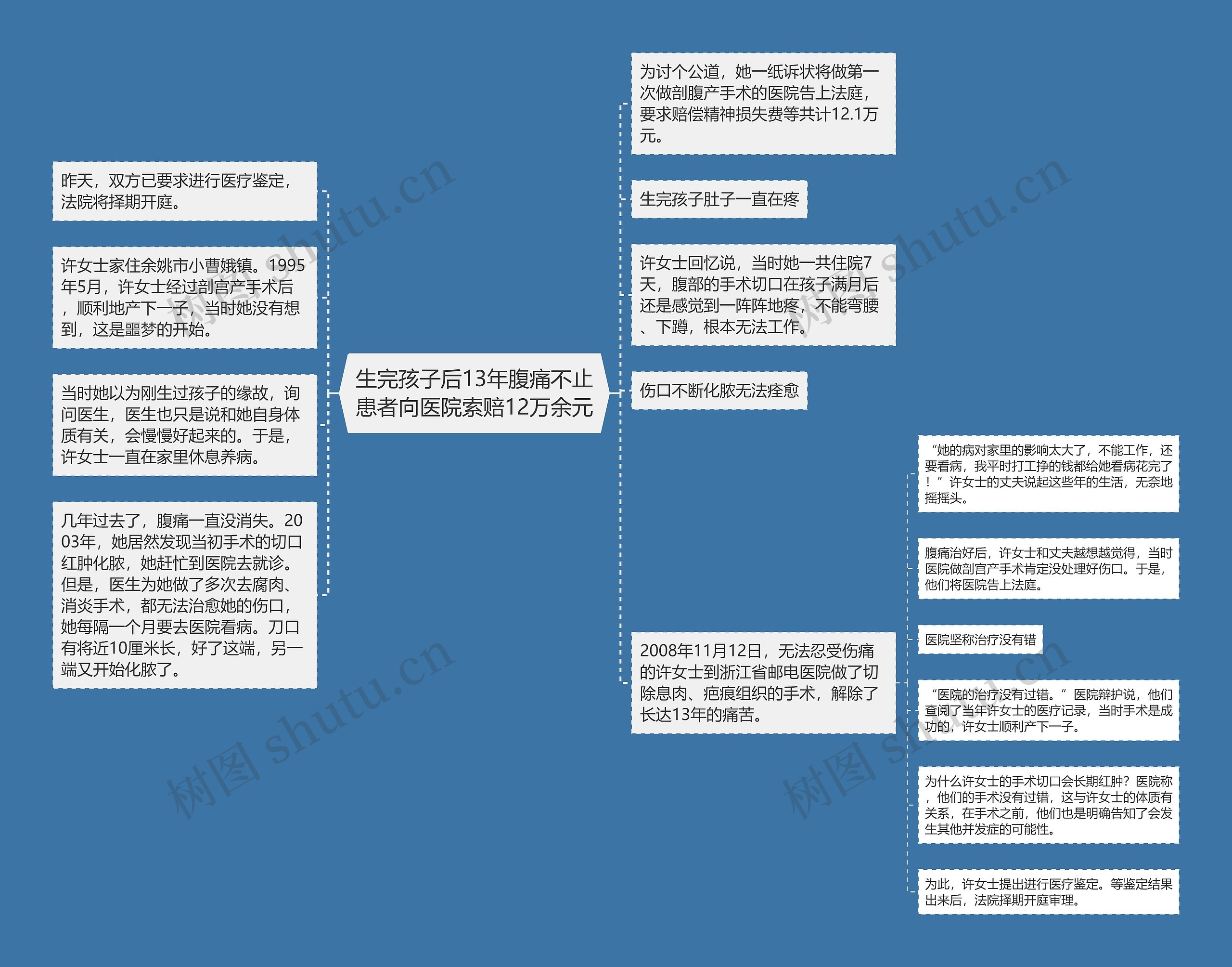 生完孩子后13年腹痛不止患者向医院索赔12万余元思维导图