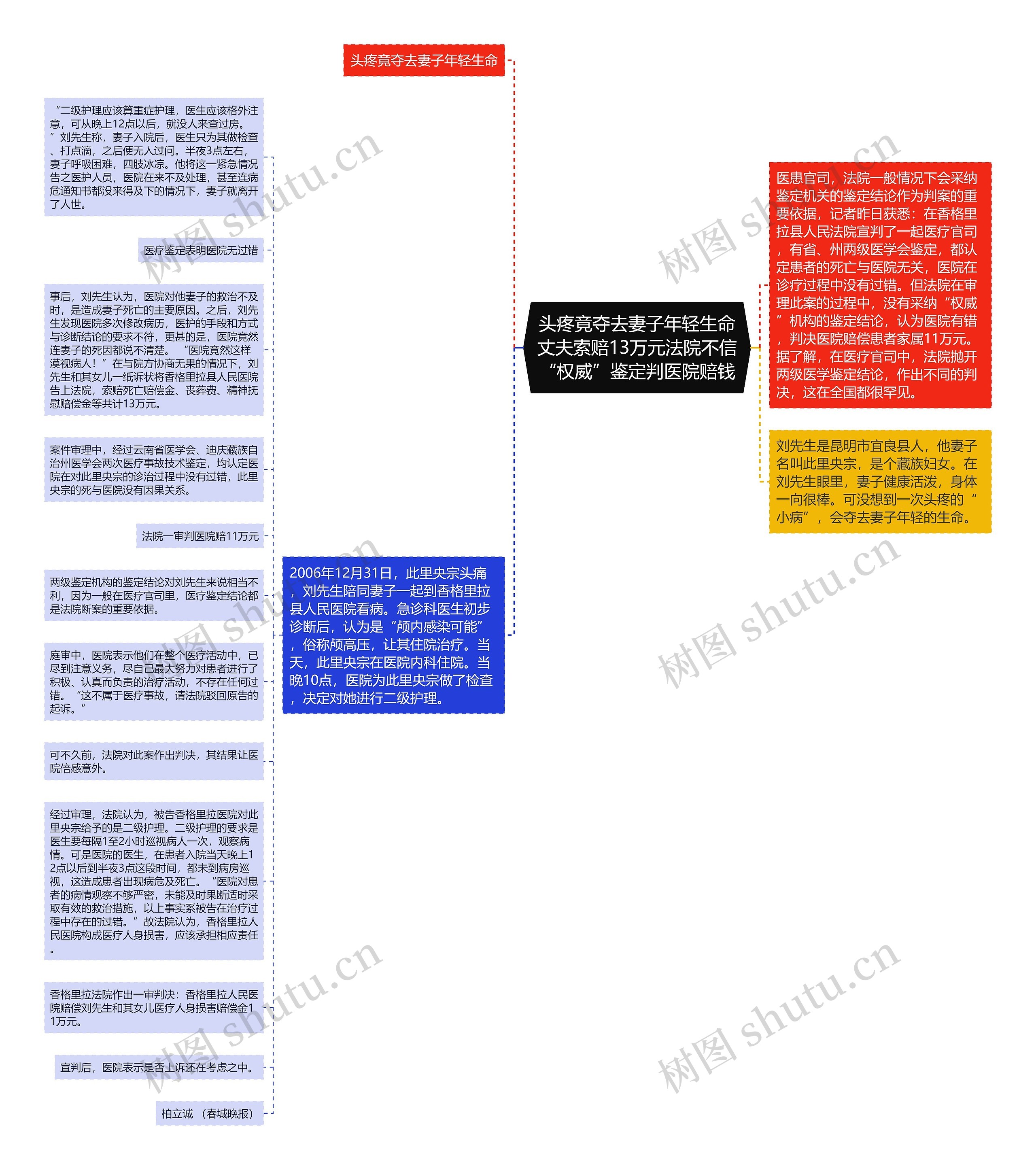 头疼竟夺去妻子年轻生命丈夫索赔13万元法院不信“权威”鉴定判医院赔钱思维导图