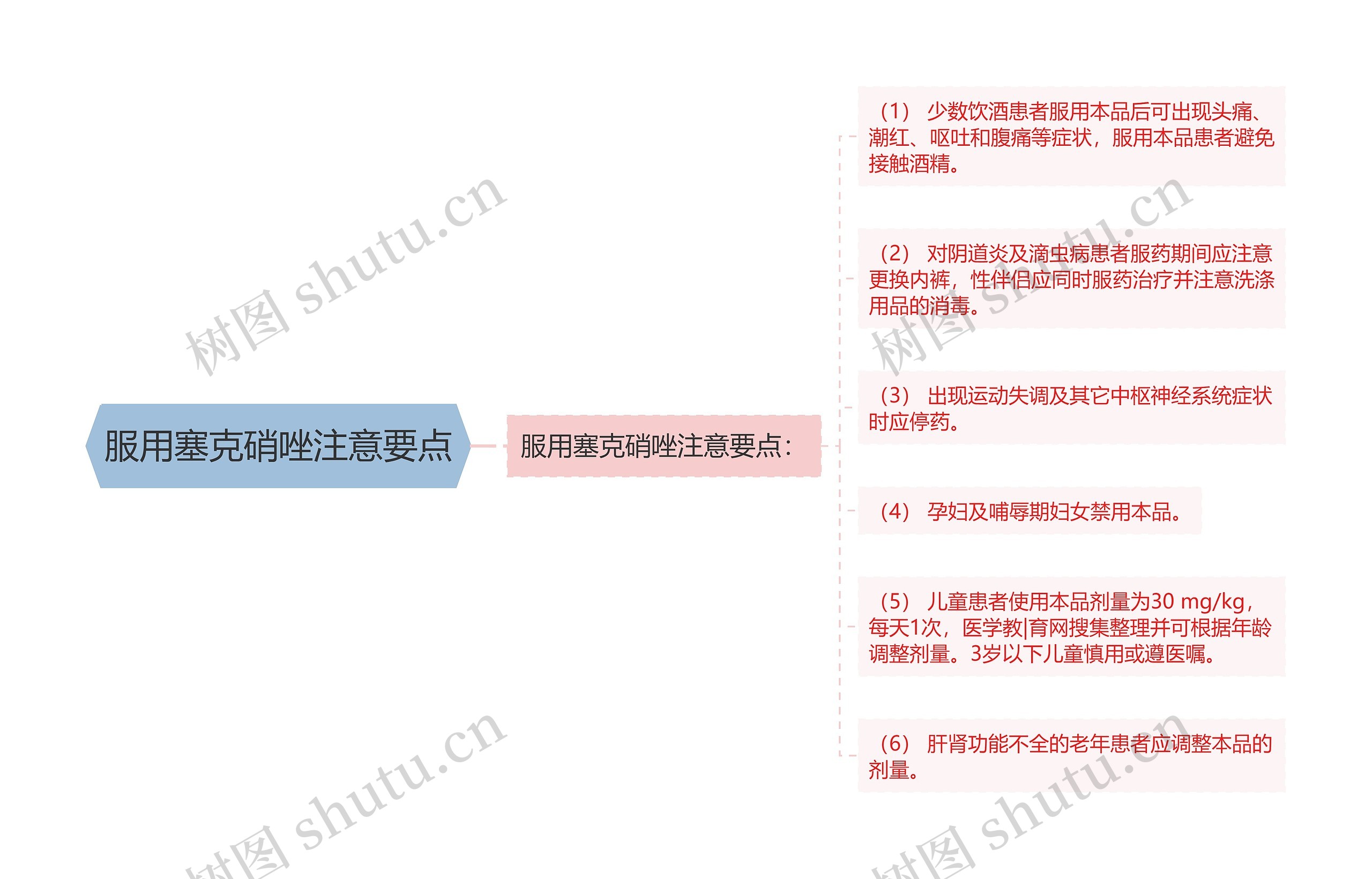 服用塞克硝唑注意要点思维导图