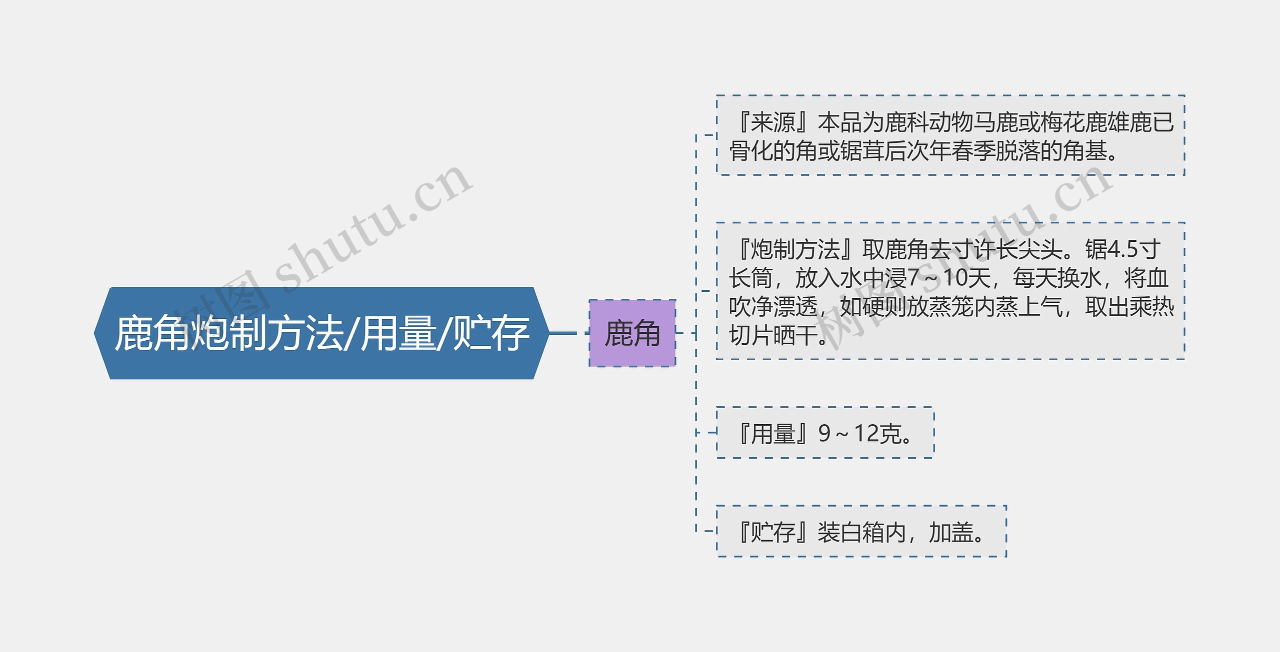 鹿角炮制方法/用量/贮存思维导图