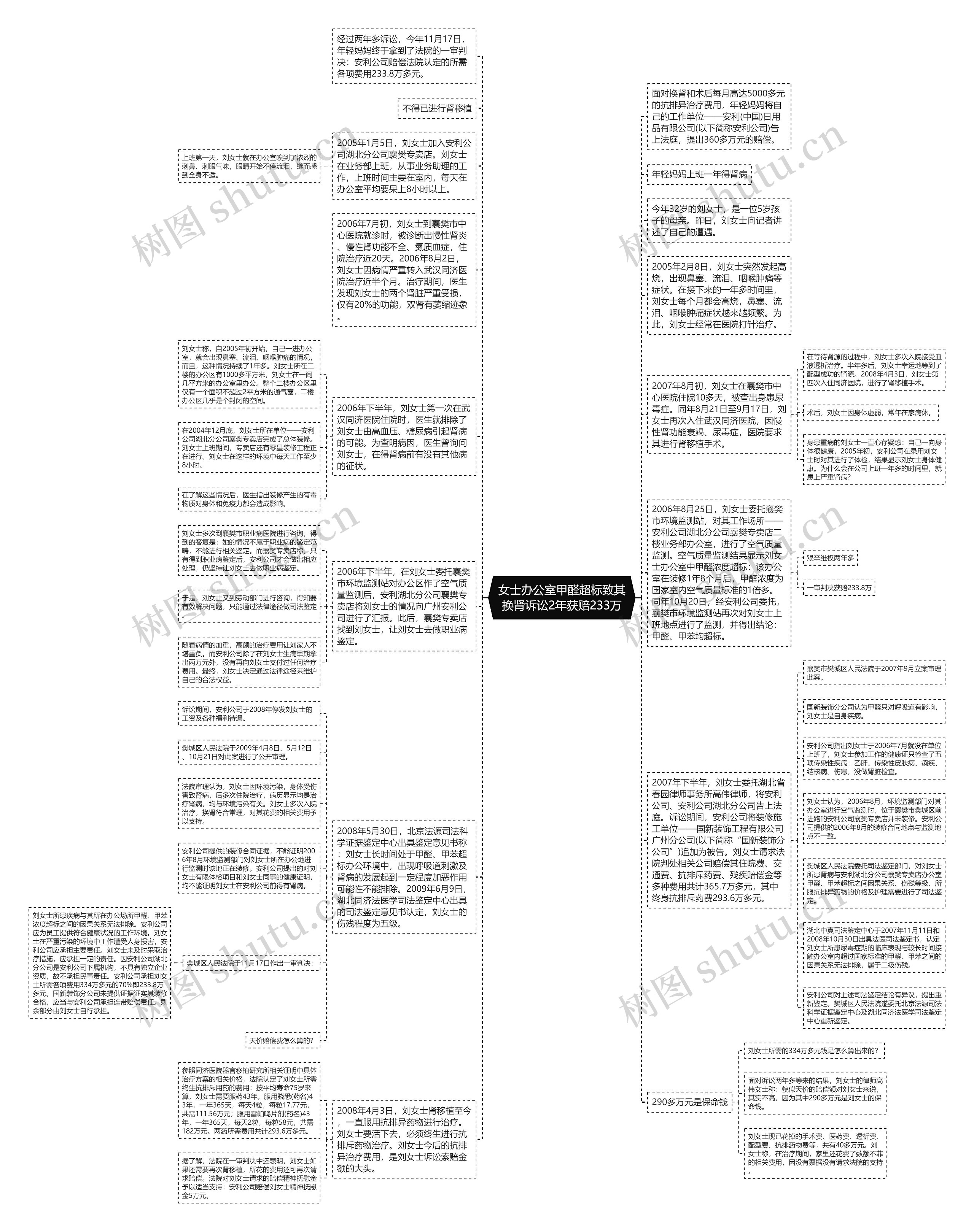 女士办公室甲醛超标致其换肾诉讼2年获赔233万思维导图
