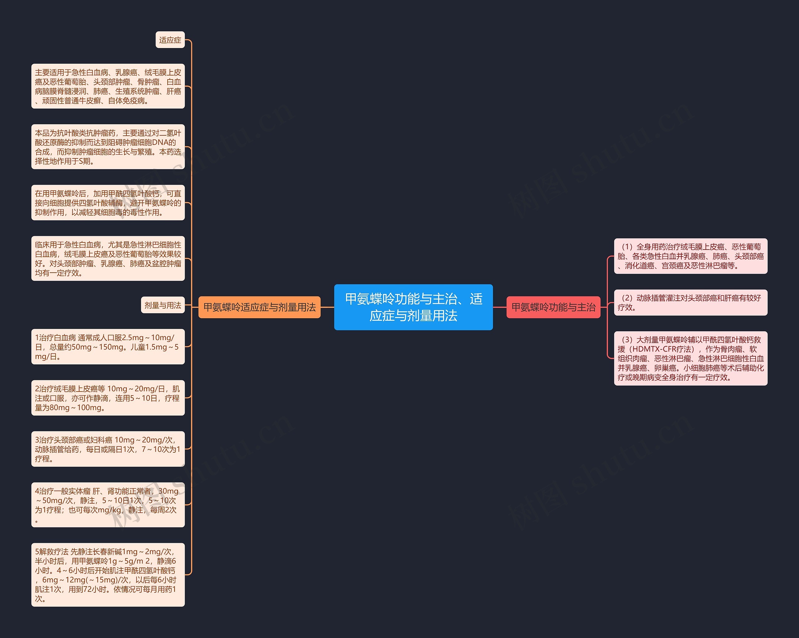 甲氨蝶呤功能与主治、适应症与剂量用法思维导图