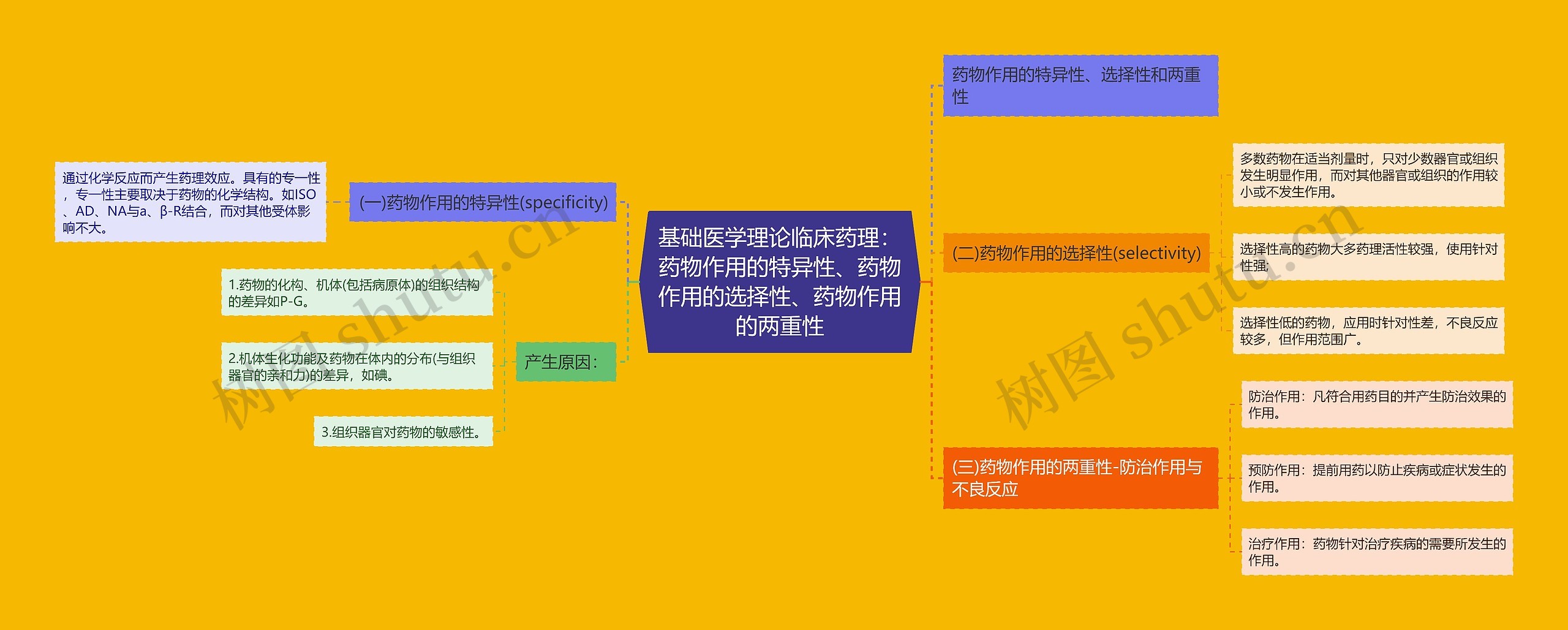 基础医学理论临床药理：药物作用的特异性、药物作用的选择性、药物作用的两重性思维导图