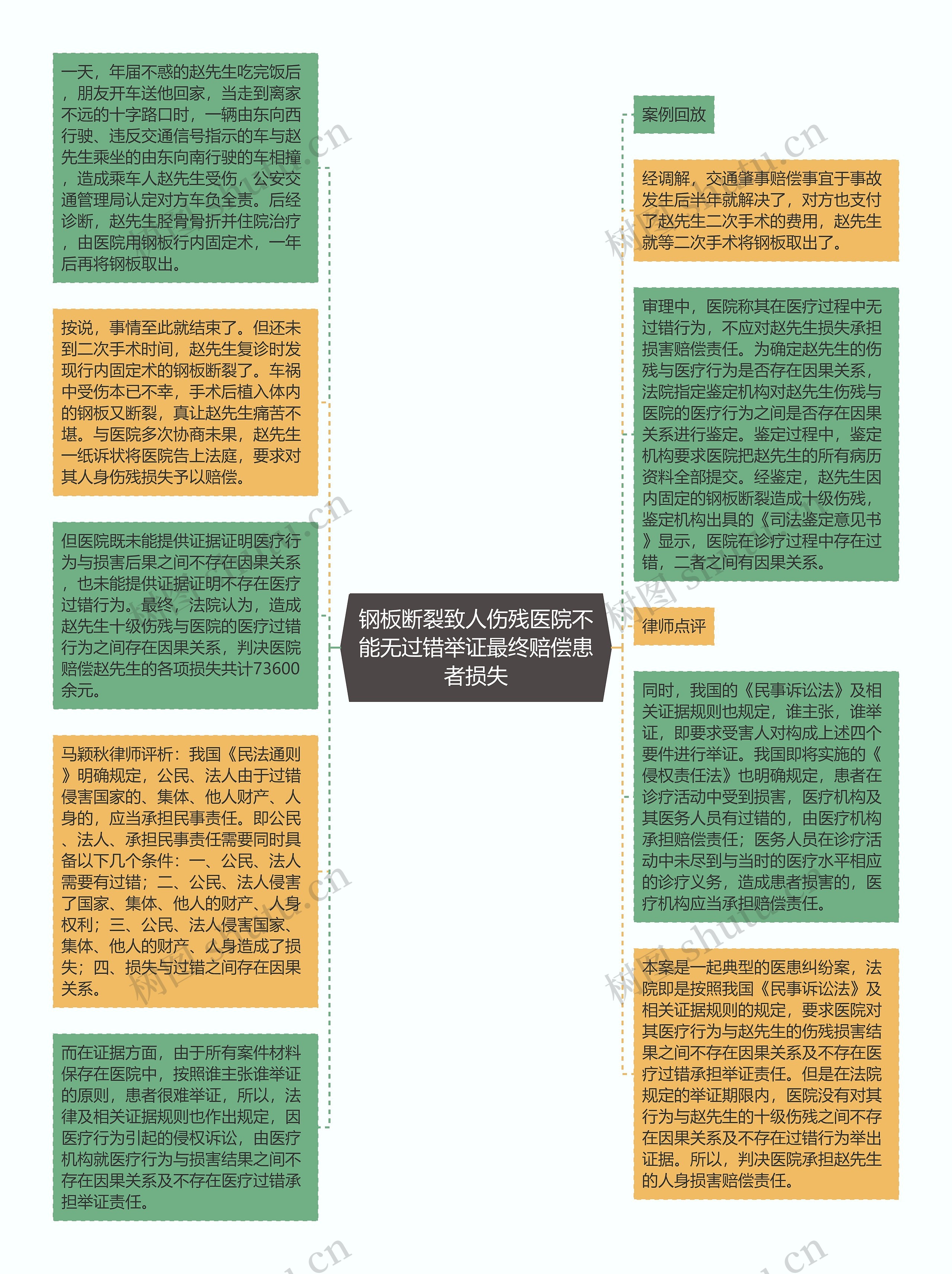 钢板断裂致人伤残医院不能无过错举证最终赔偿患者损失思维导图