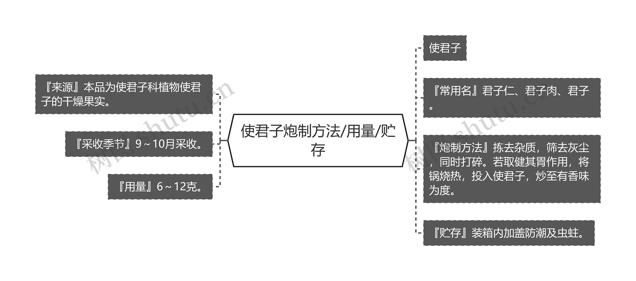 使君子炮制方法/用量/贮存思维导图