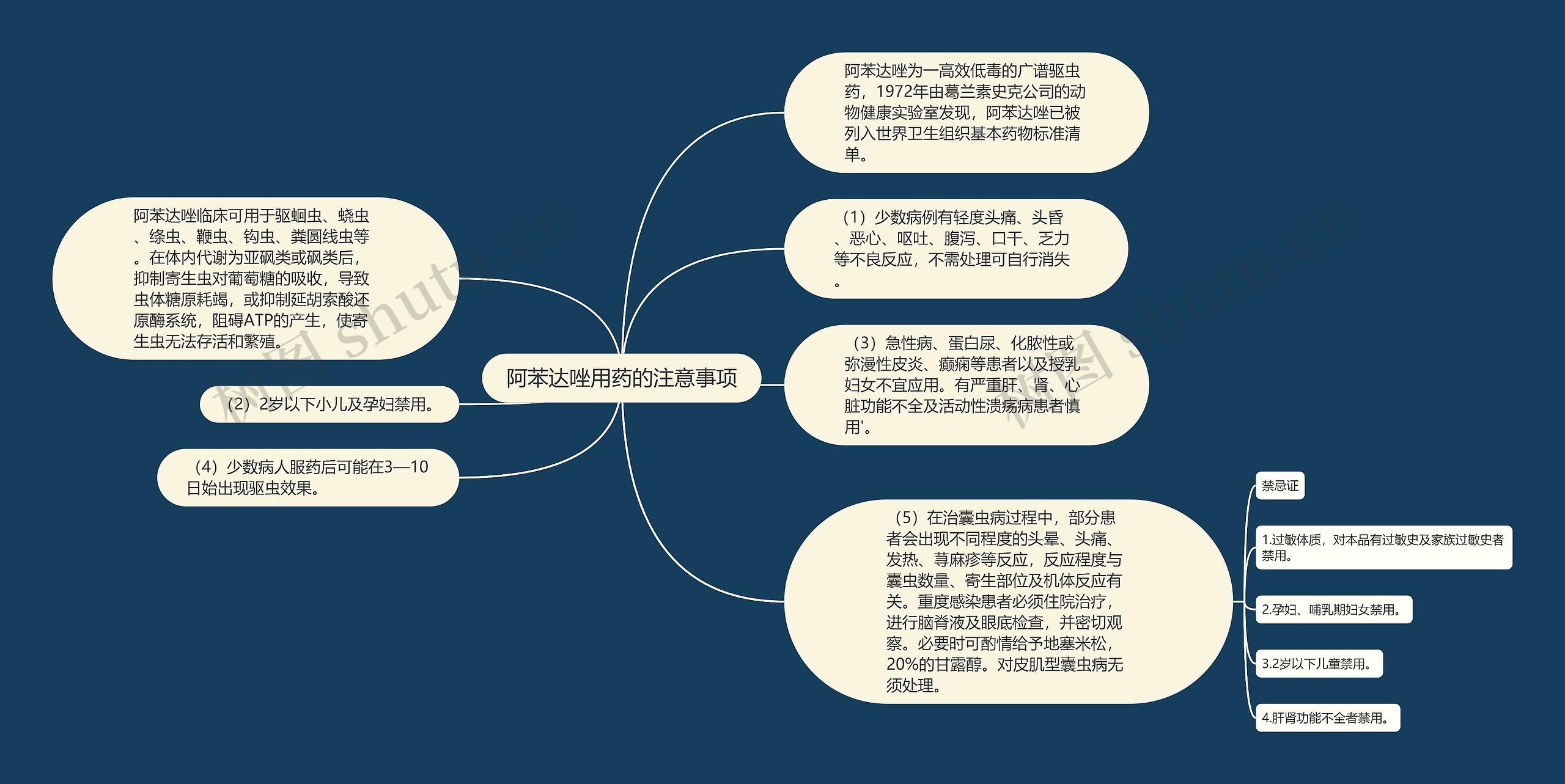 阿苯达唑用药的注意事项思维导图