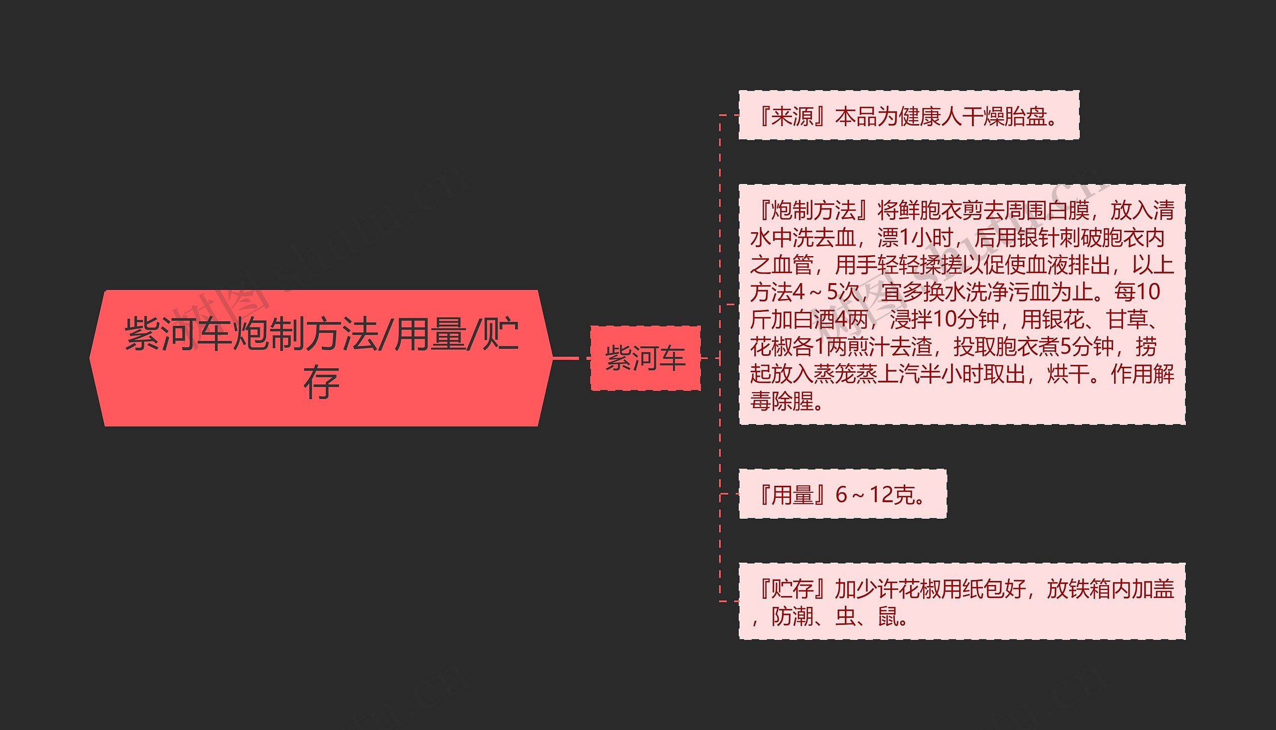 紫河车炮制方法/用量/贮存思维导图