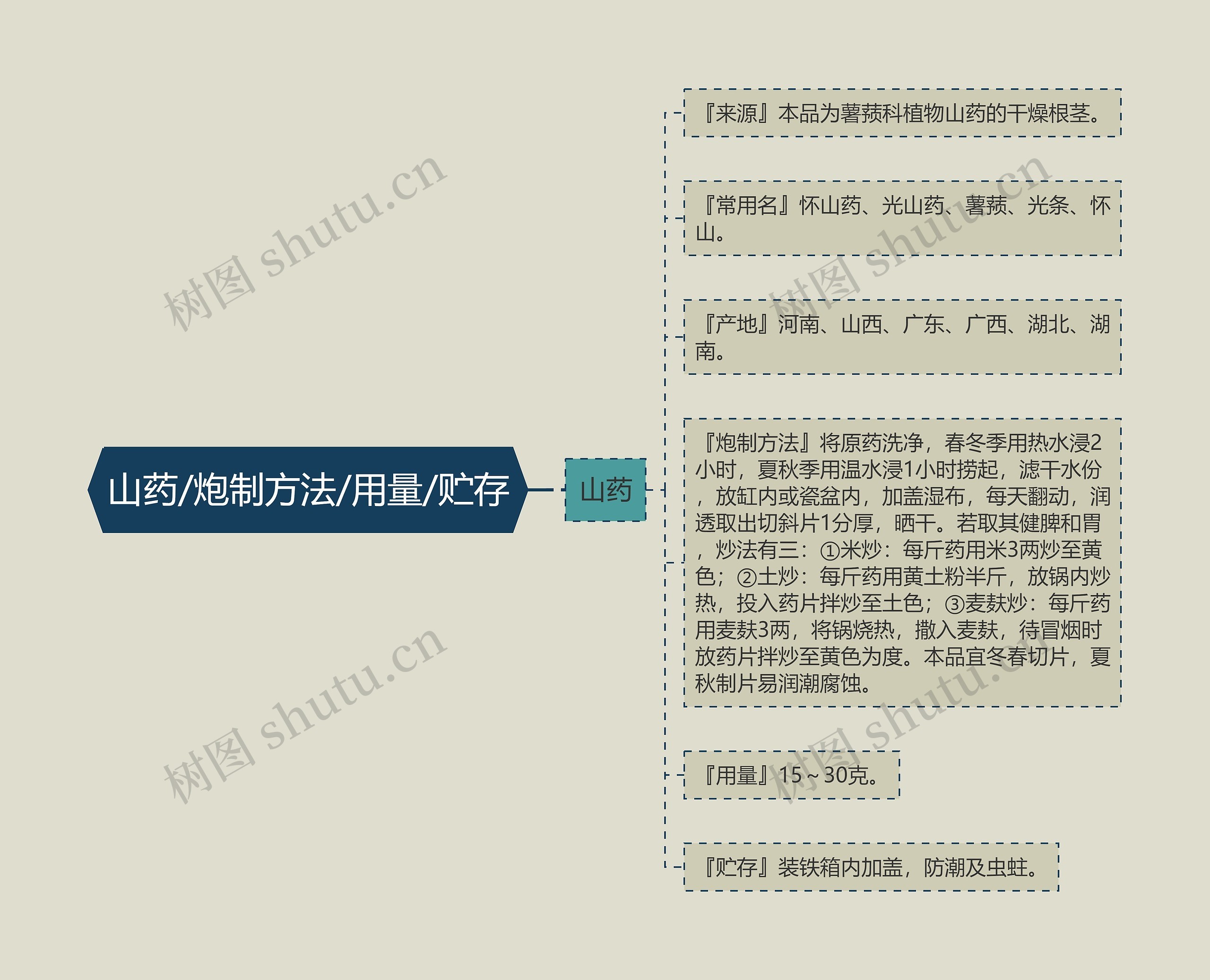 山药/炮制方法/用量/贮存思维导图