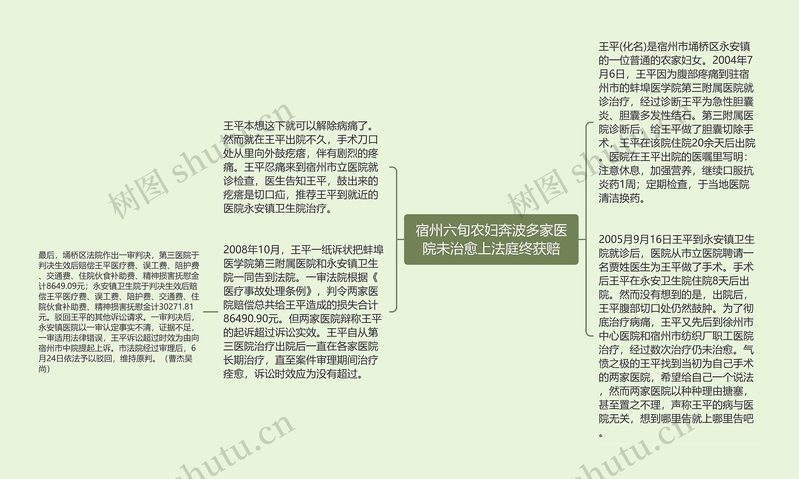 宿州六旬农妇奔波多家医院未治愈上法庭终获赔思维导图