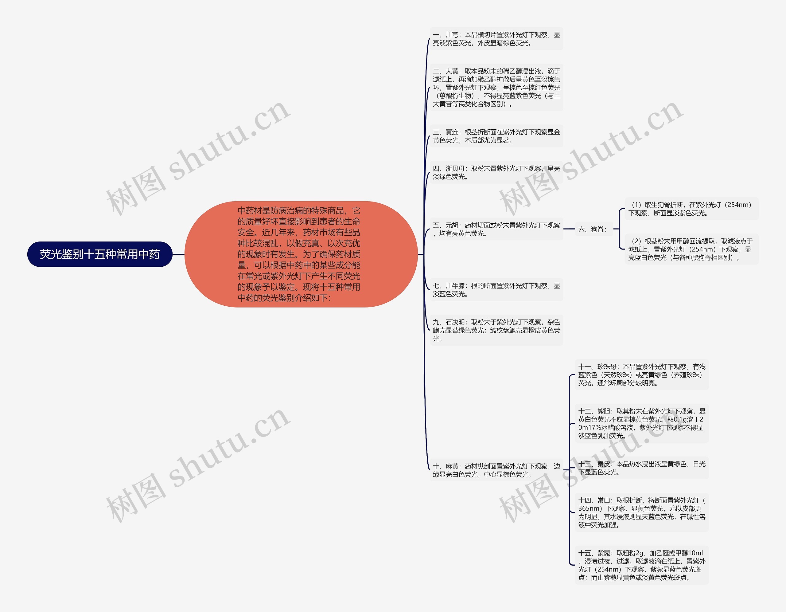荧光鉴别十五种常用中药思维导图高清图 荧光鉴别十五种常用中药思维导图