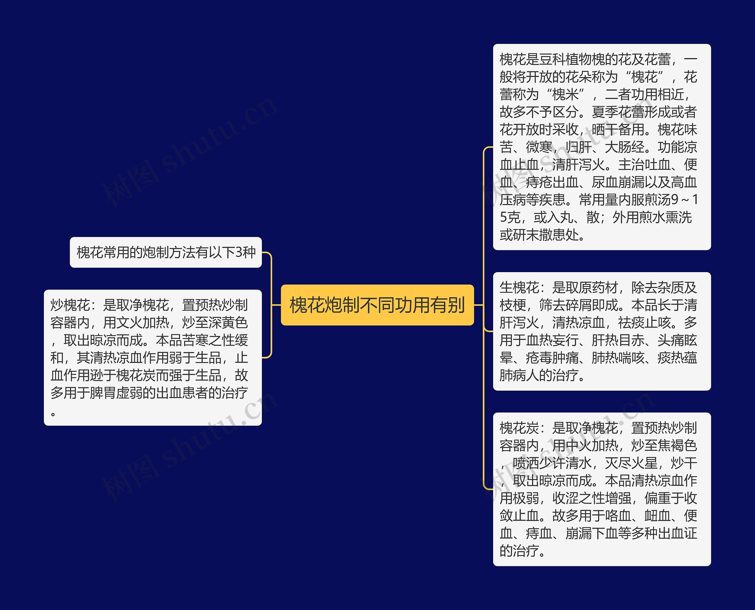 槐花炮制不同功用有别思维导图