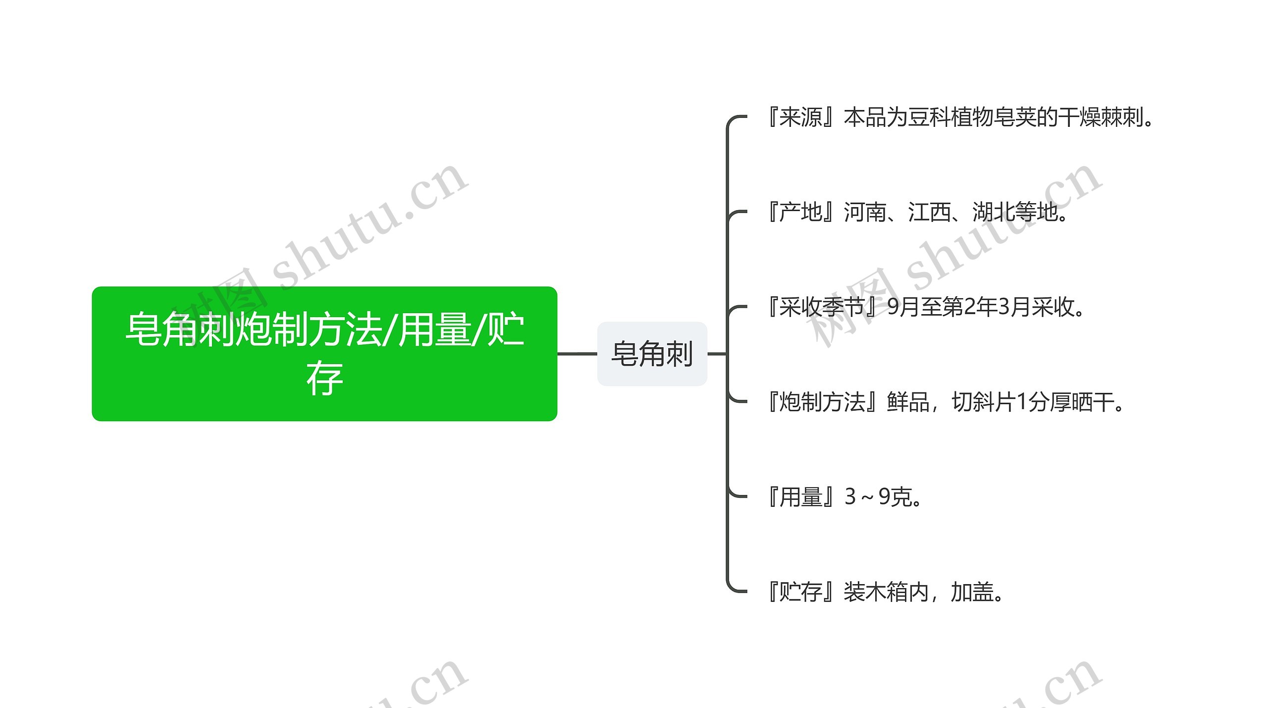 皂角刺炮制方法/用量/贮存思维导图