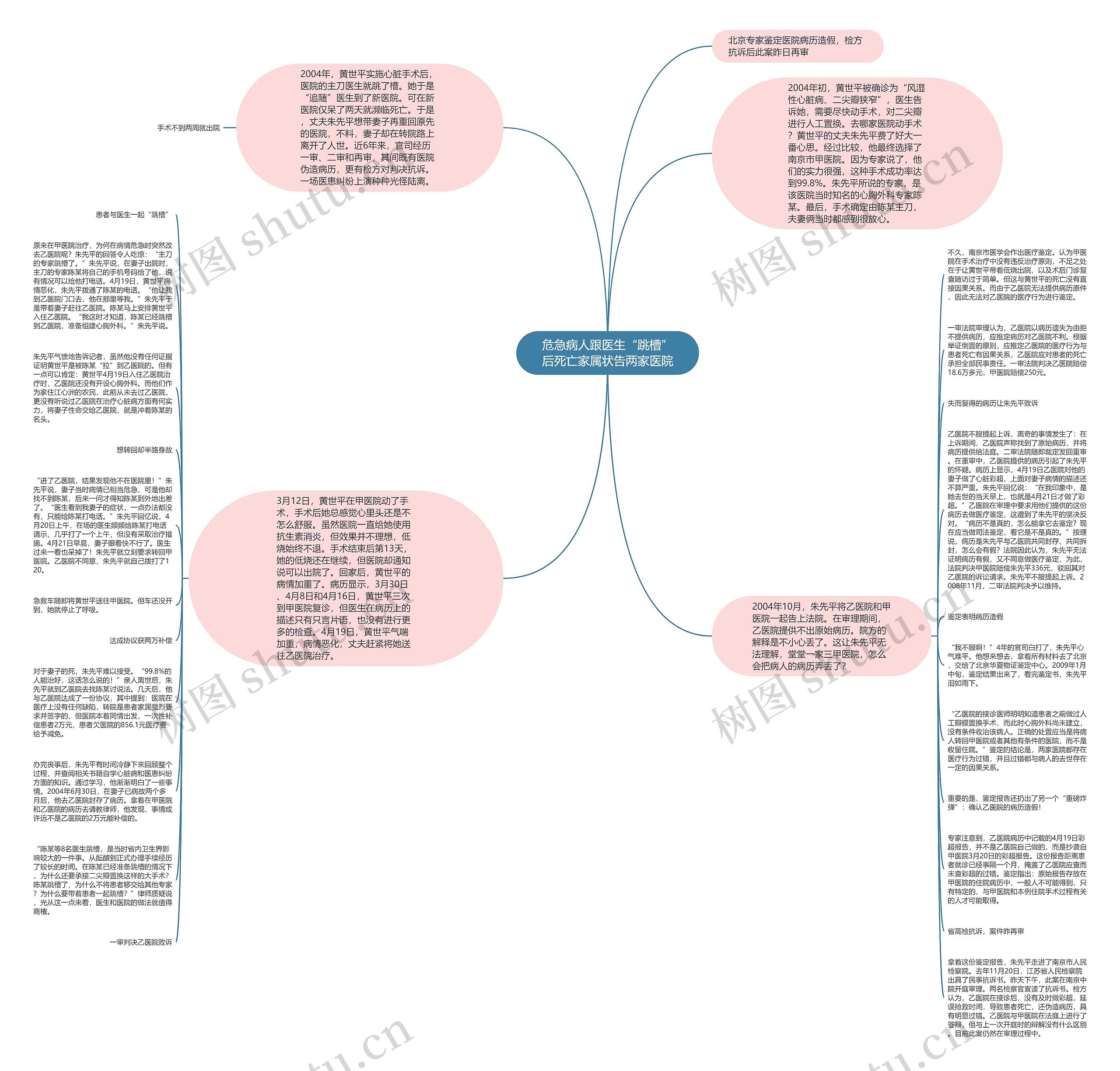 危急病人跟医生“跳槽”后死亡家属状告两家医院思维导图