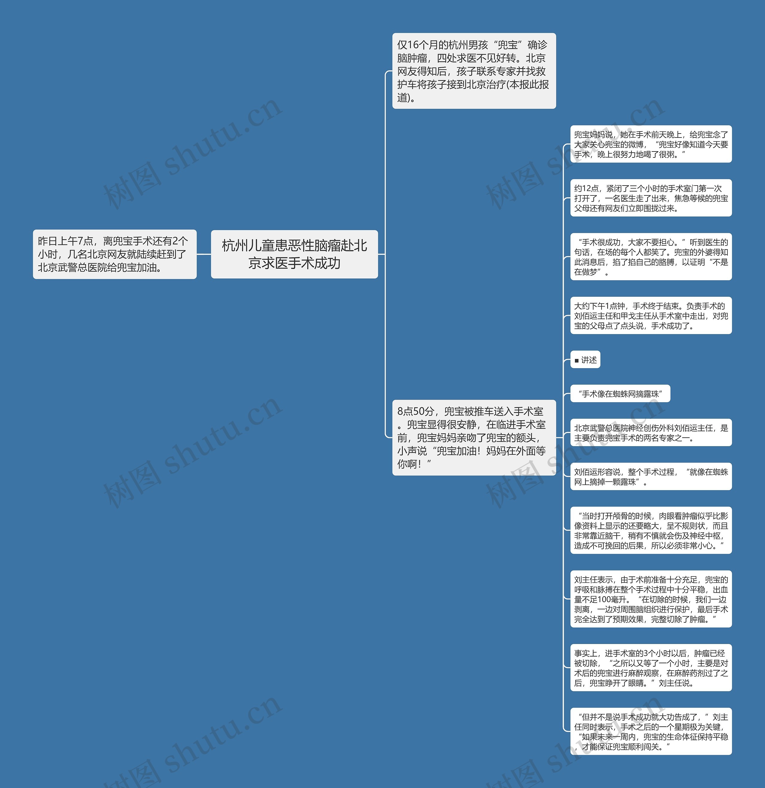 杭州儿童患恶性脑瘤赴北京求医手术成功思维导图