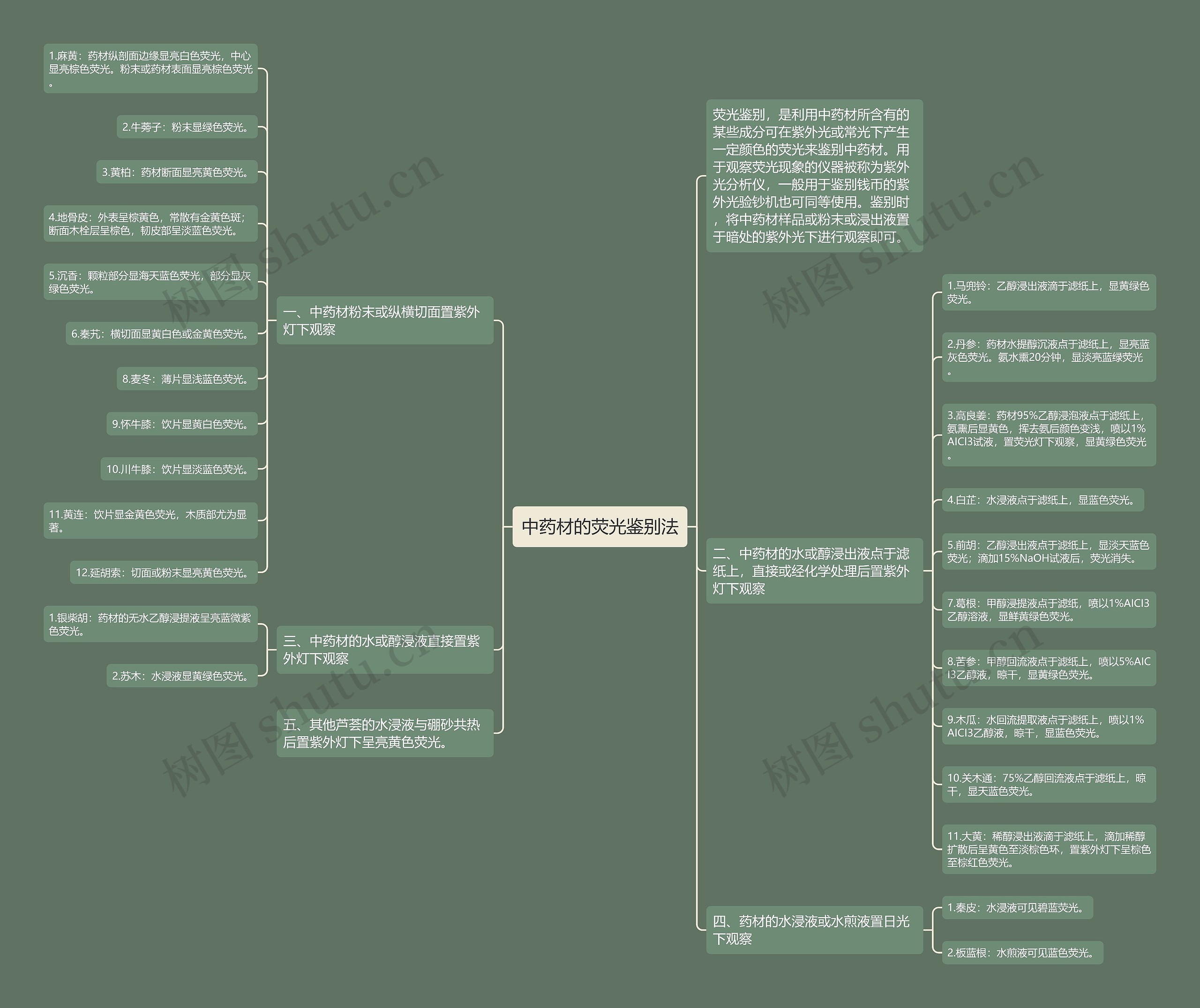 中药材的荧光鉴别法思维导图