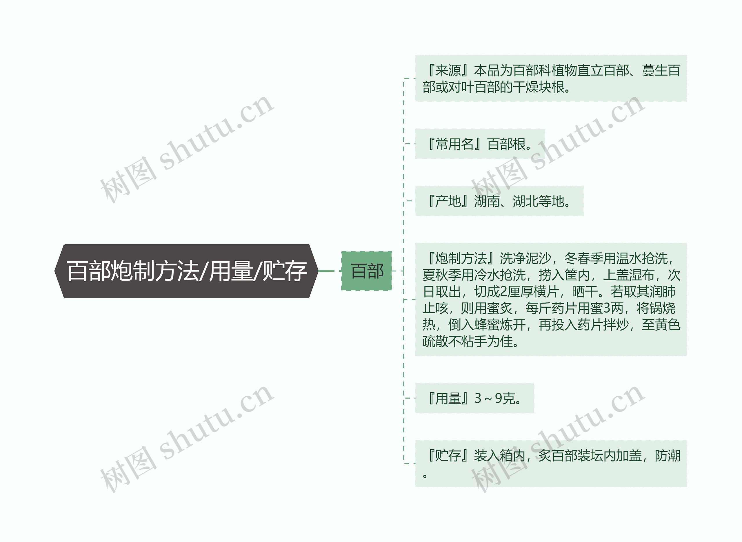 百部炮制方法/用量/贮存思维导图