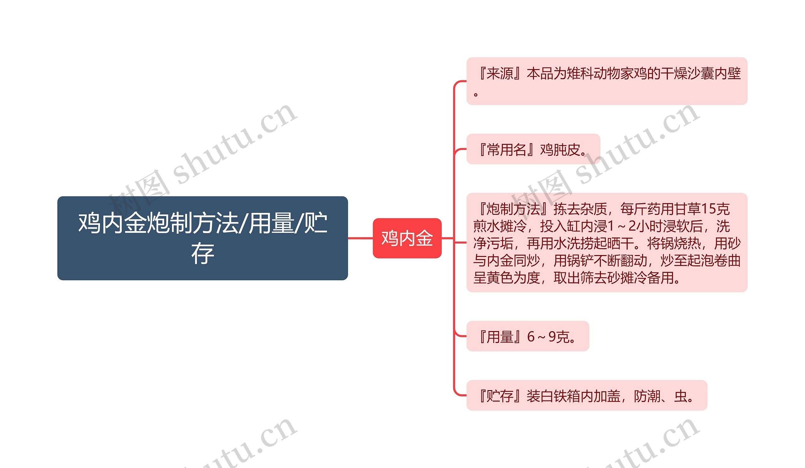 鸡内金炮制方法/用量/贮存思维导图