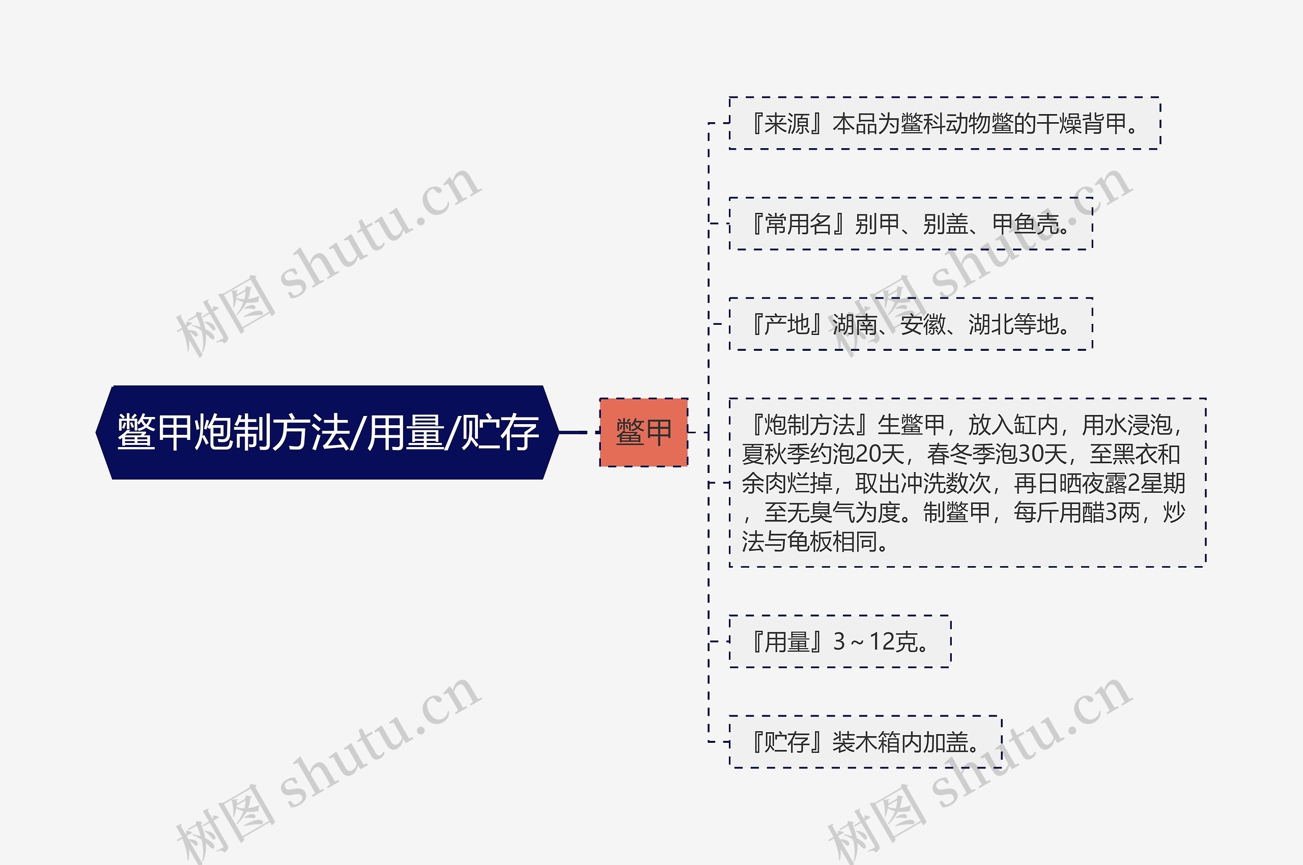 鳖甲炮制方法/用量/贮存思维导图