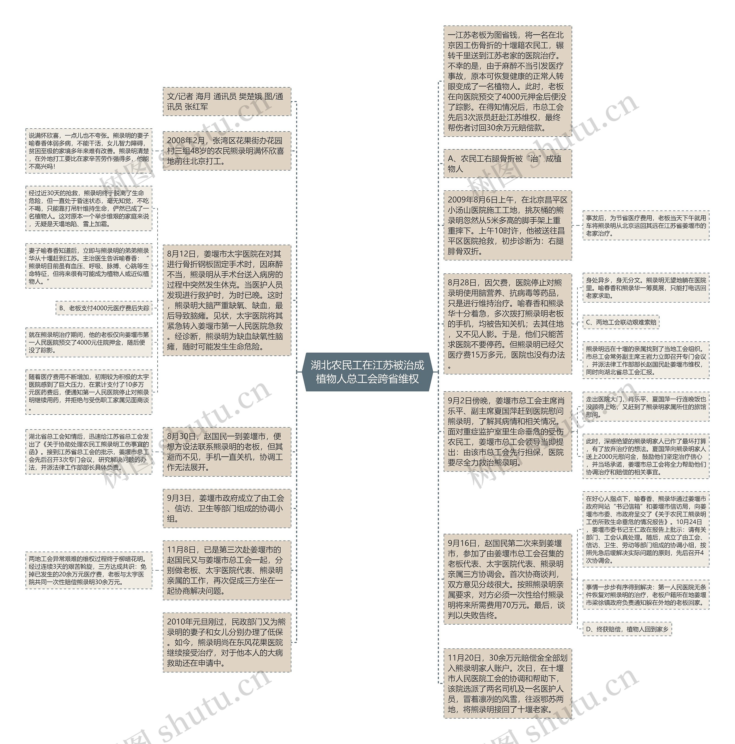湖北农民工在江苏被治成植物人总工会跨省维权思维导图