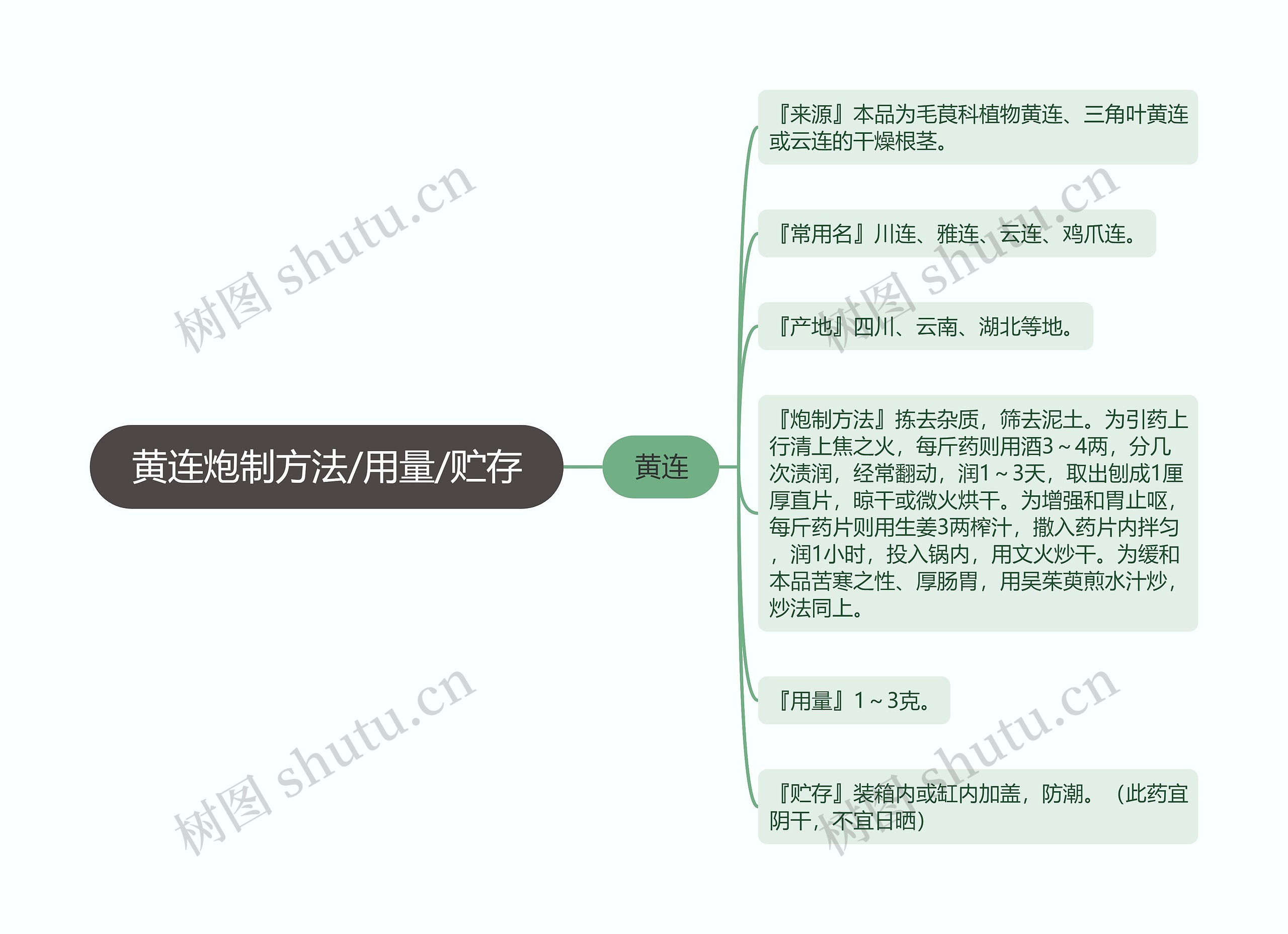 黄连炮制方法/用量/贮存思维导图