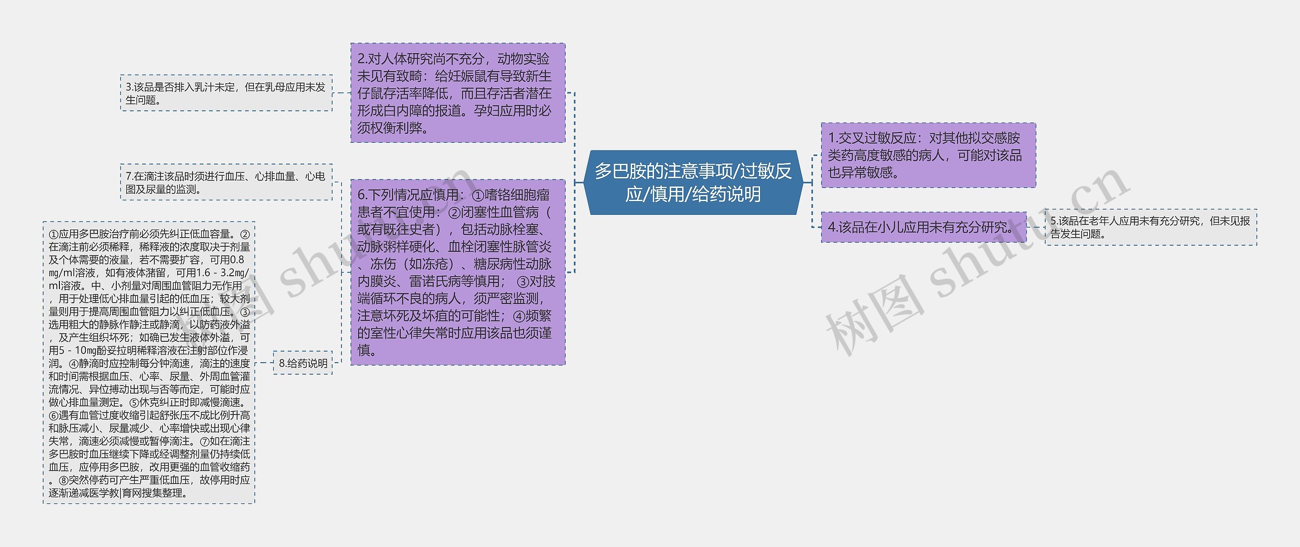 多巴胺的注意事项/过敏反应/慎用/给药说明思维导图