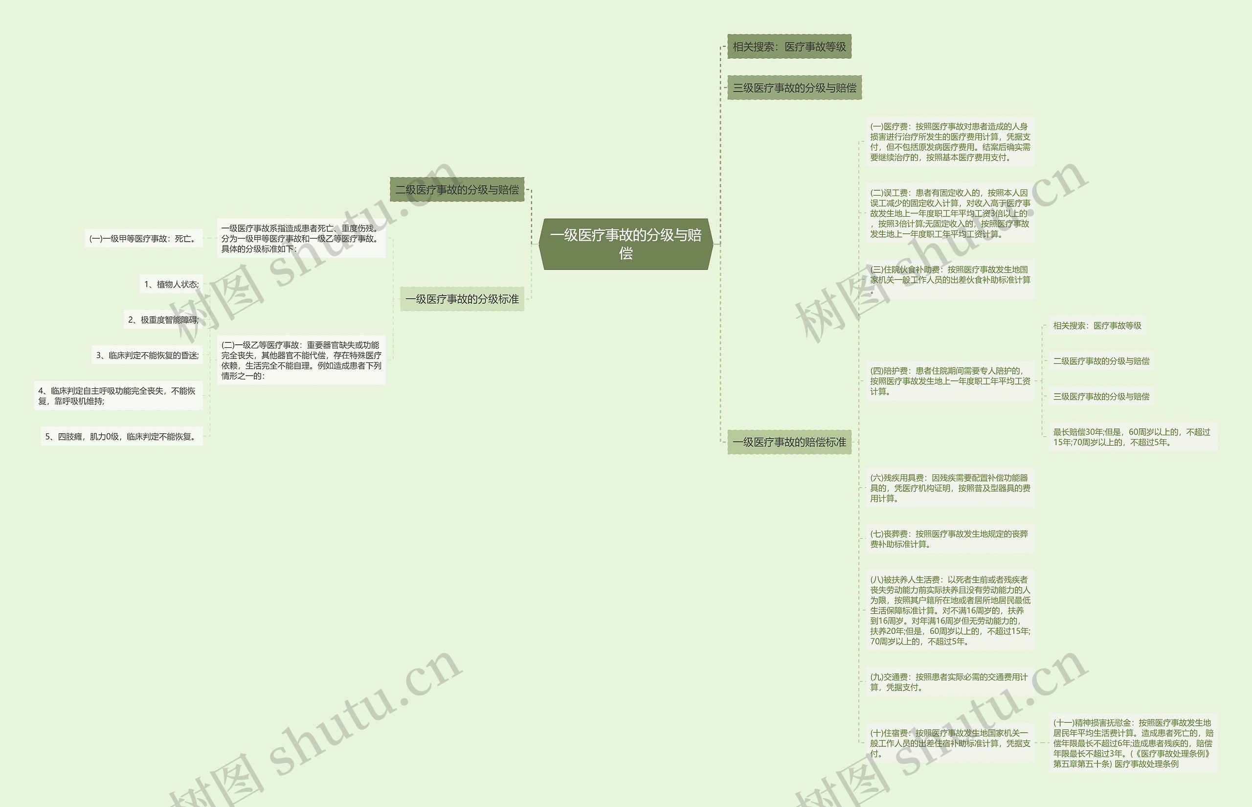 一级医疗事故的分级与赔偿思维导图