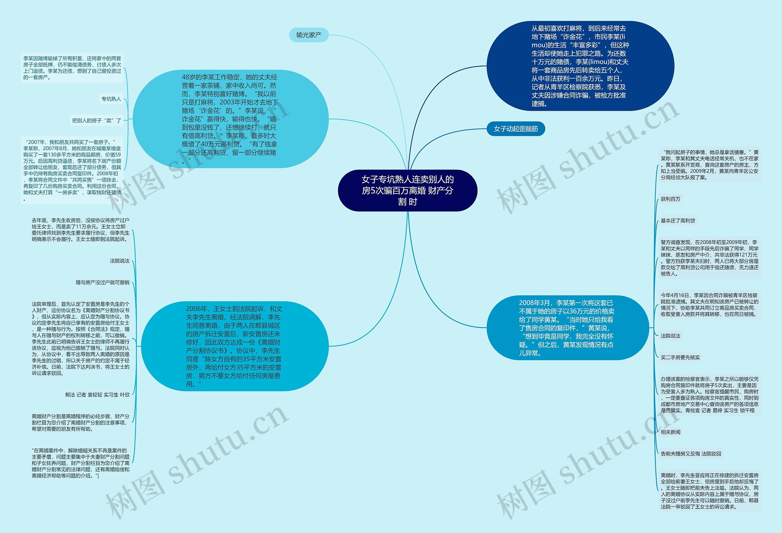女子专坑熟人连卖别人的房5次骗百万离婚 财产分割 时思维导图