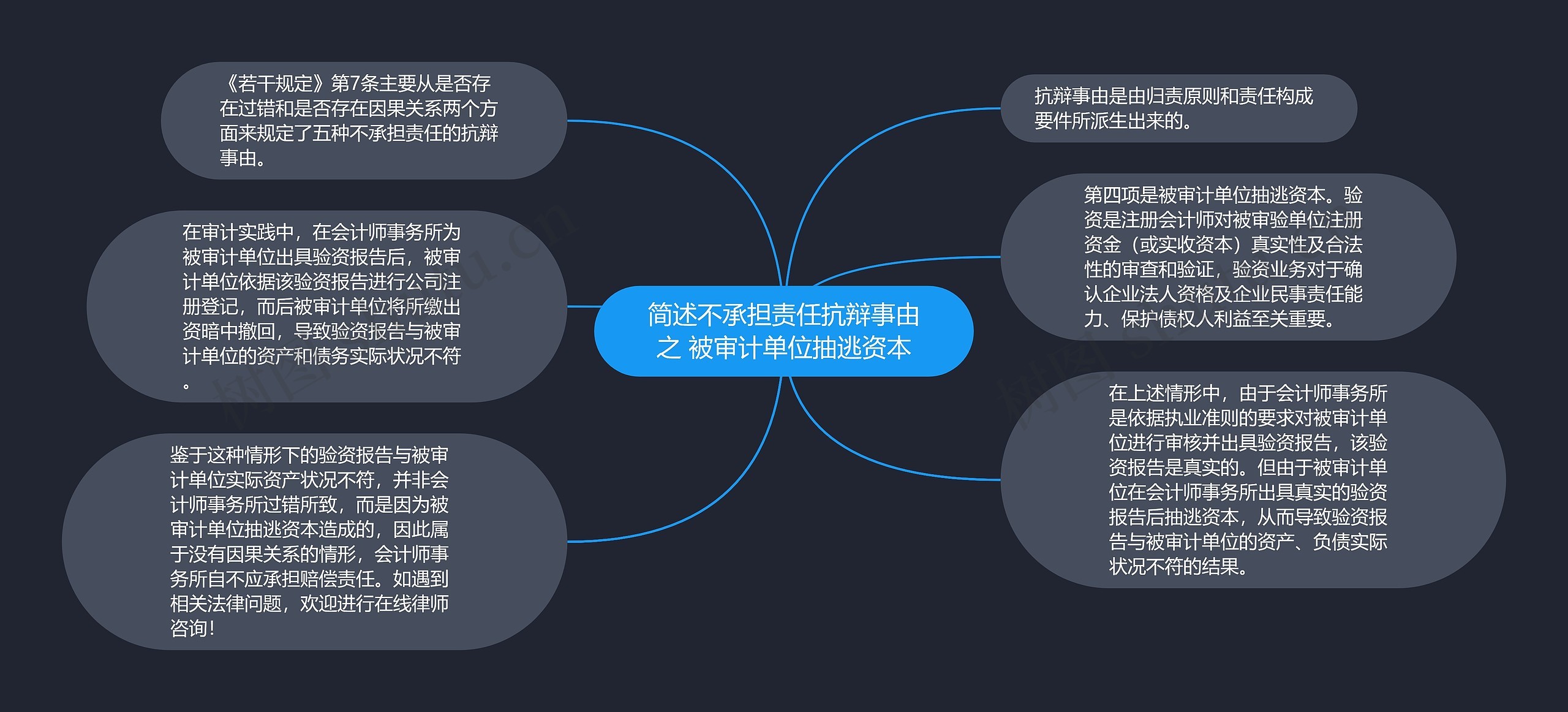 简述不承担责任抗辩事由之 被审计单位抽逃资本思维导图