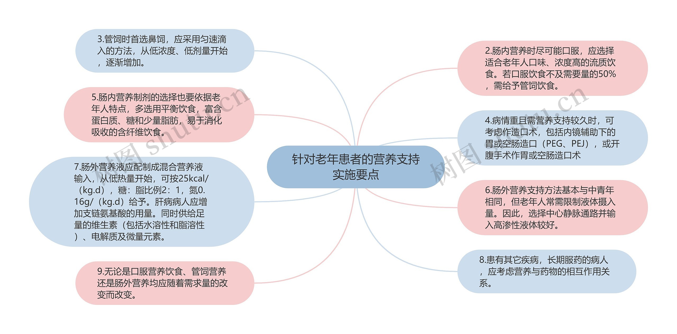 针对老年患者的营养支持实施要点思维导图