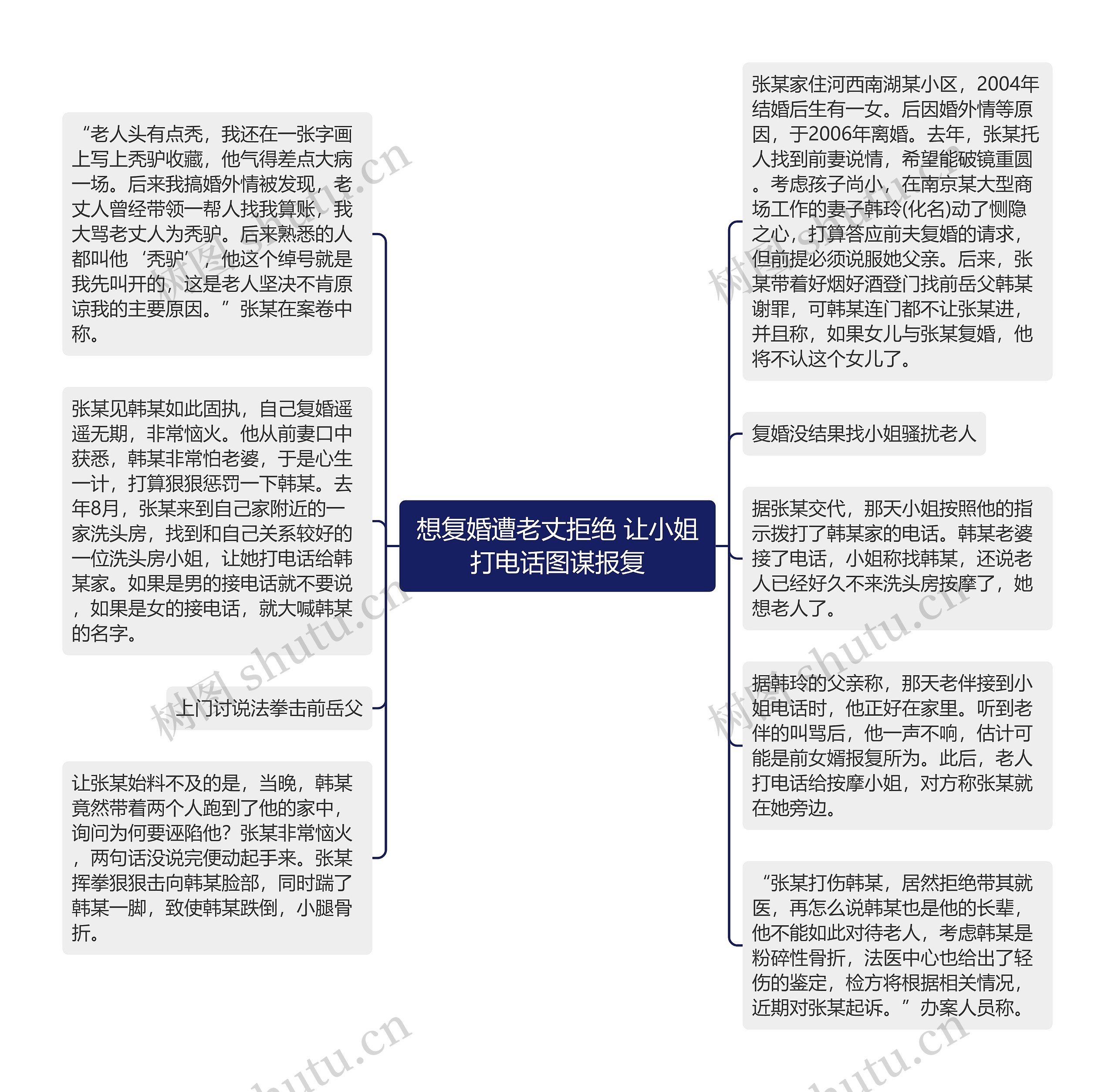 想复婚遭老丈拒绝 让小姐打电话图谋报复思维导图