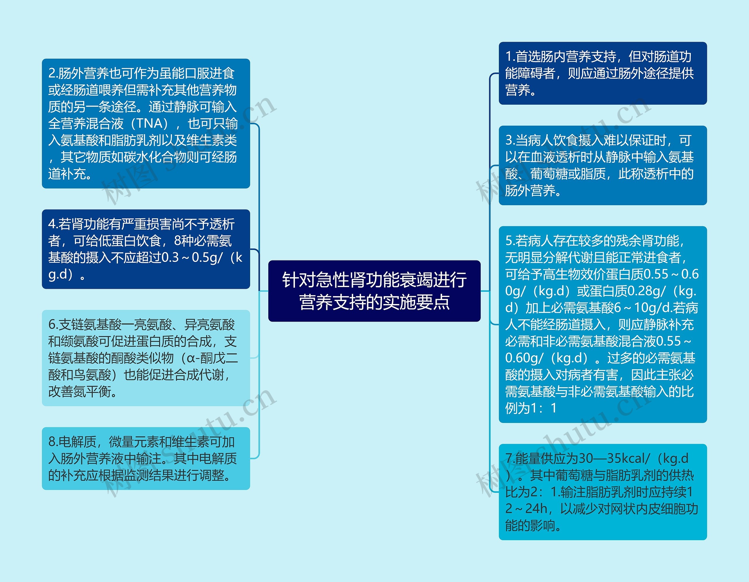 针对急性肾功能衰竭进行营养支持的实施要点思维导图