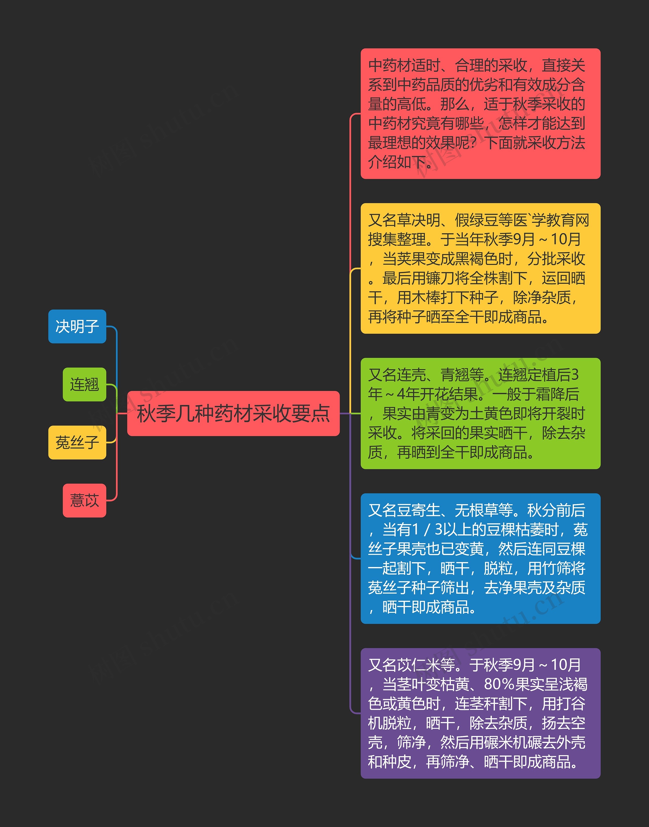 秋季几种药材采收要点思维导图