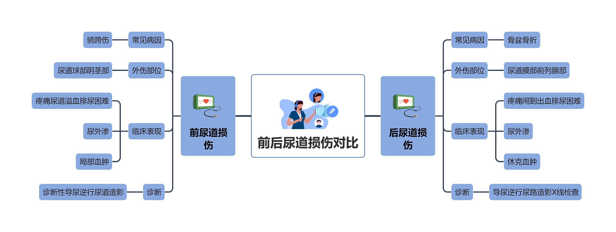 前后尿道损伤对比思维导图高清图 前后尿道损伤对比思维导图