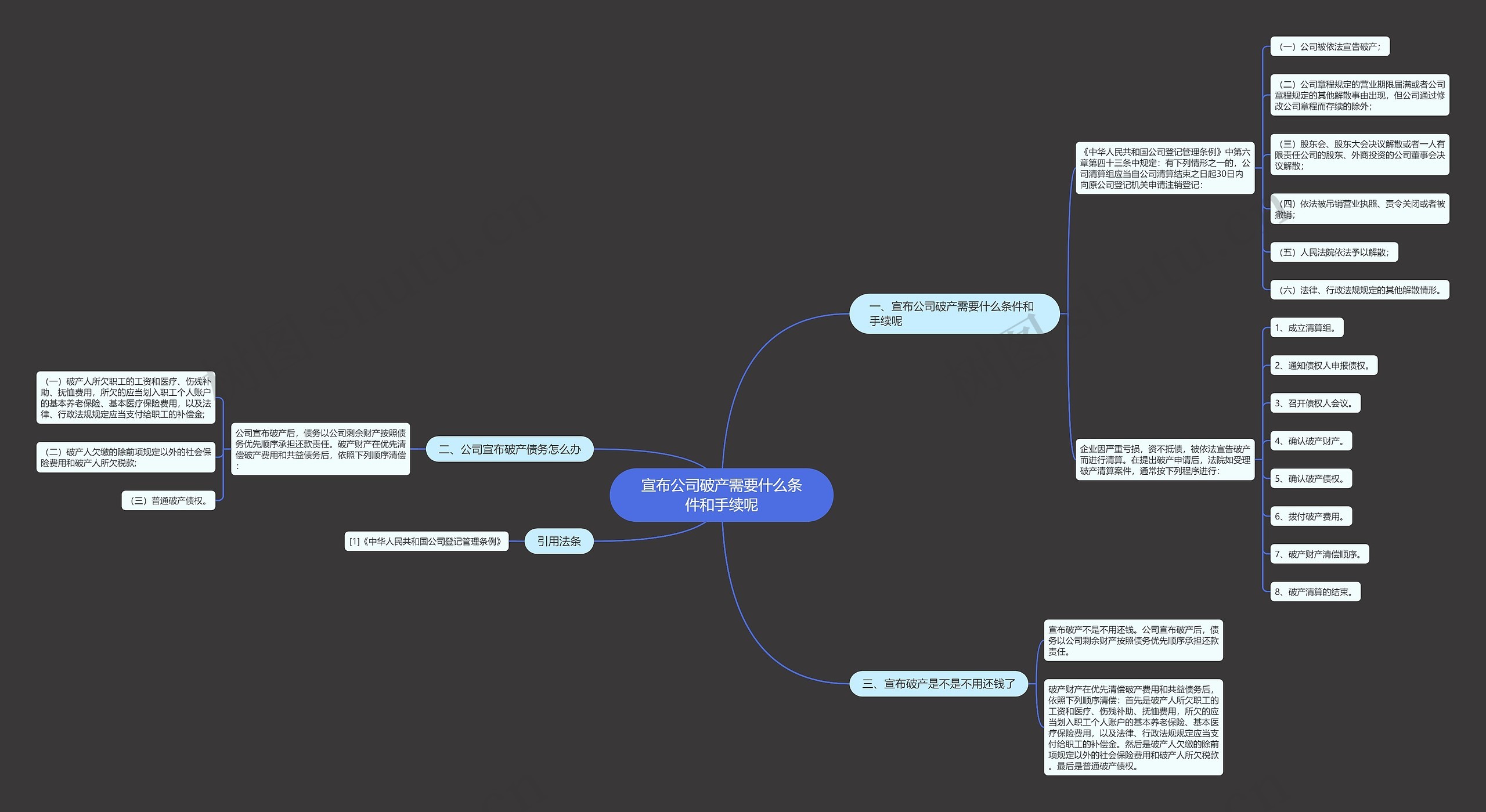 宣布公司破产需要什么条件和手续呢思维导图