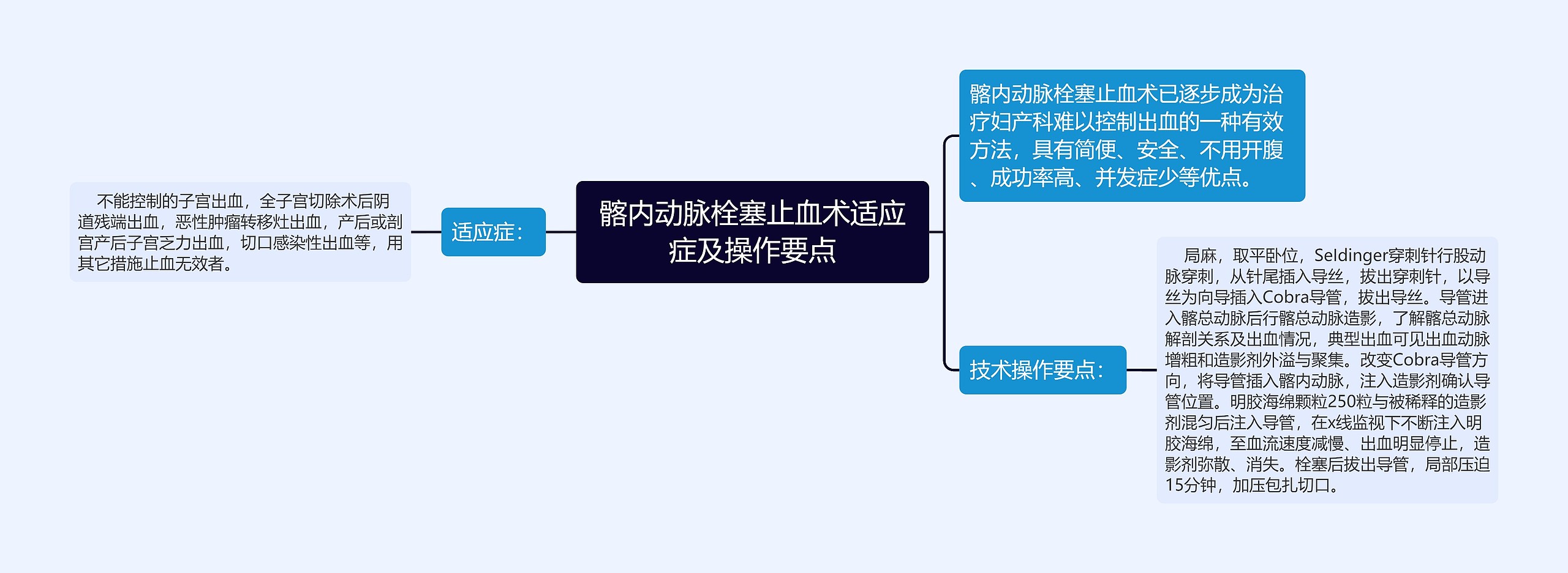 髂内动脉栓塞止血术适应症及操作要点思维导图