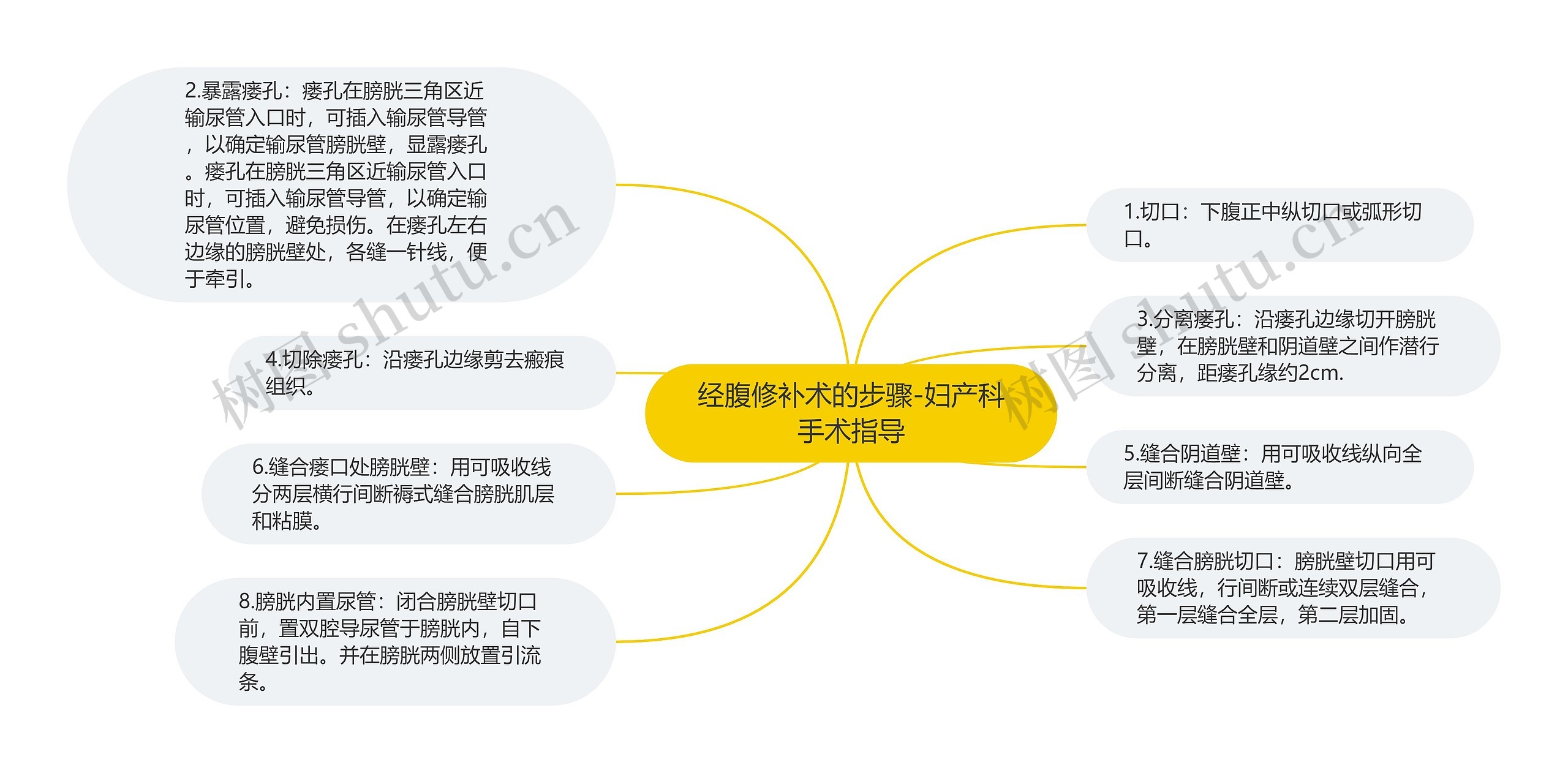 经腹修补术的步骤-妇产科手术指导思维导图