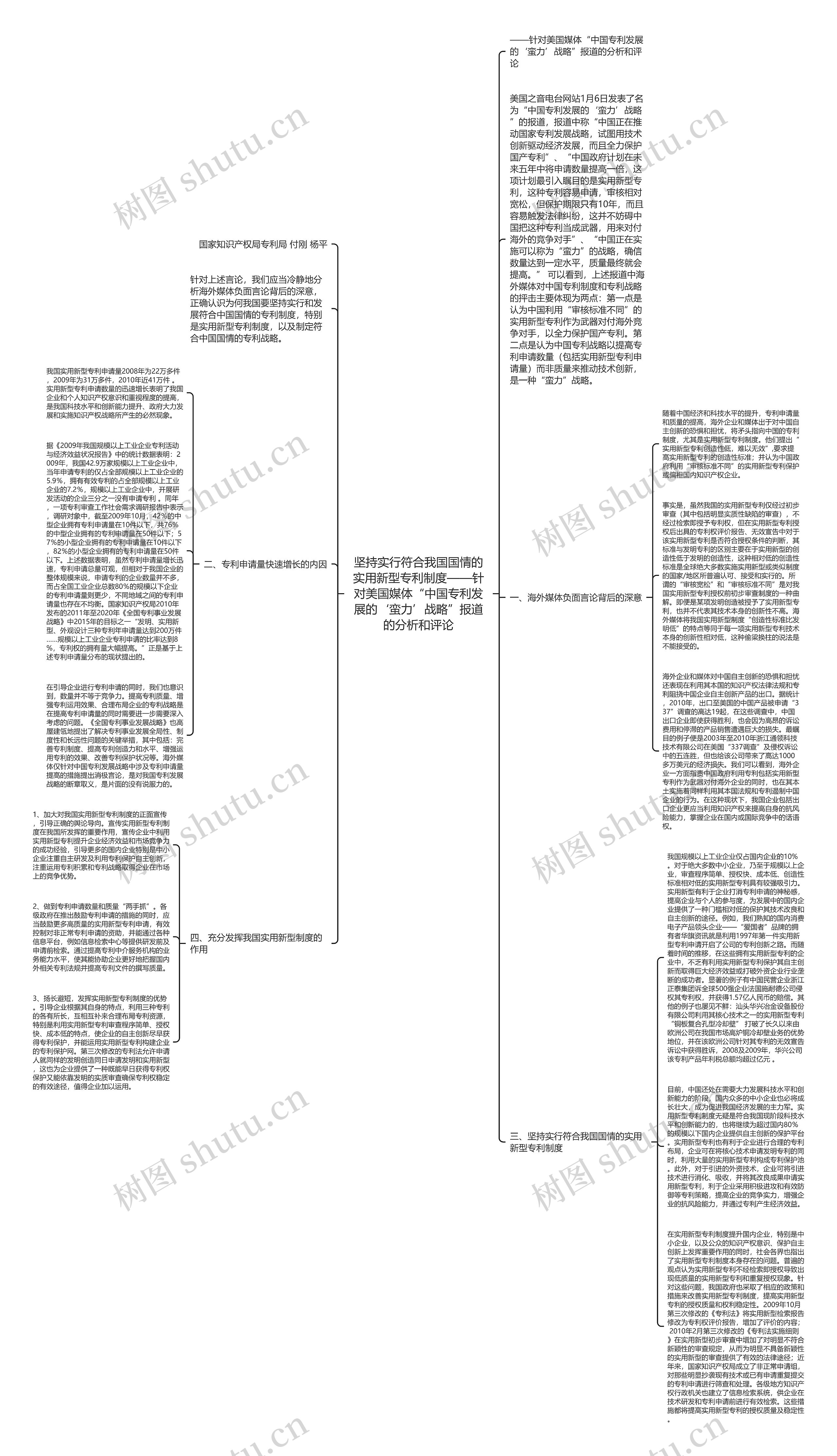 坚持实行符合我国国情的实用新型专利制度——针对美国媒体“中国专利发展的‘蛮力’战略”报道的分析和评论思维导图