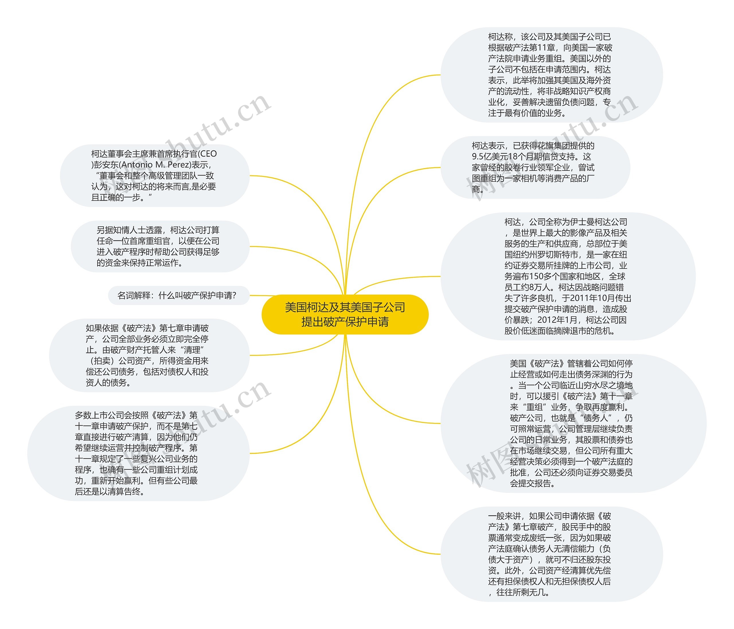 美国柯达及其美国子公司提出破产保护申请思维导图