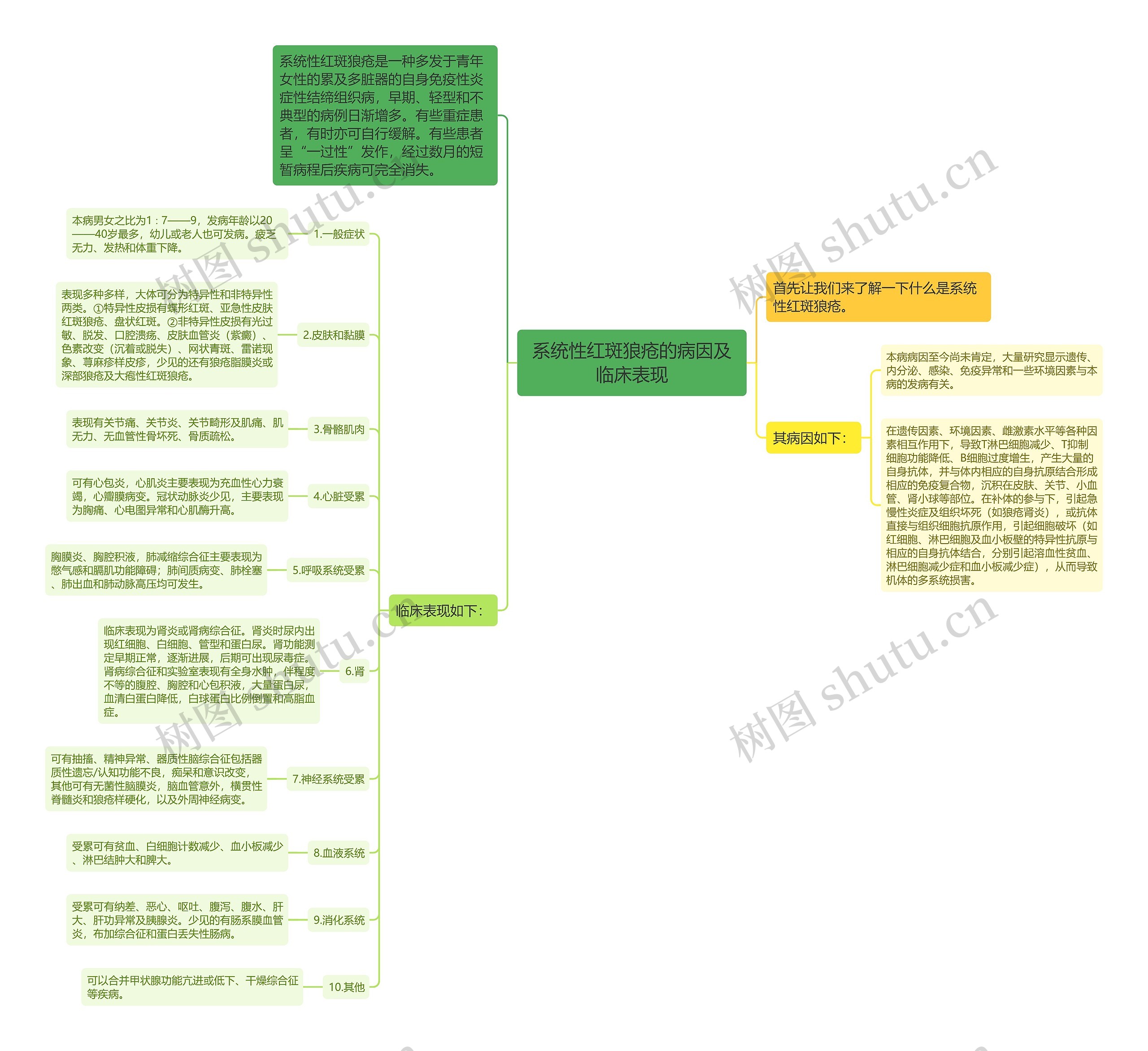 系统性红斑狼疮的病因及临床表现思维导图