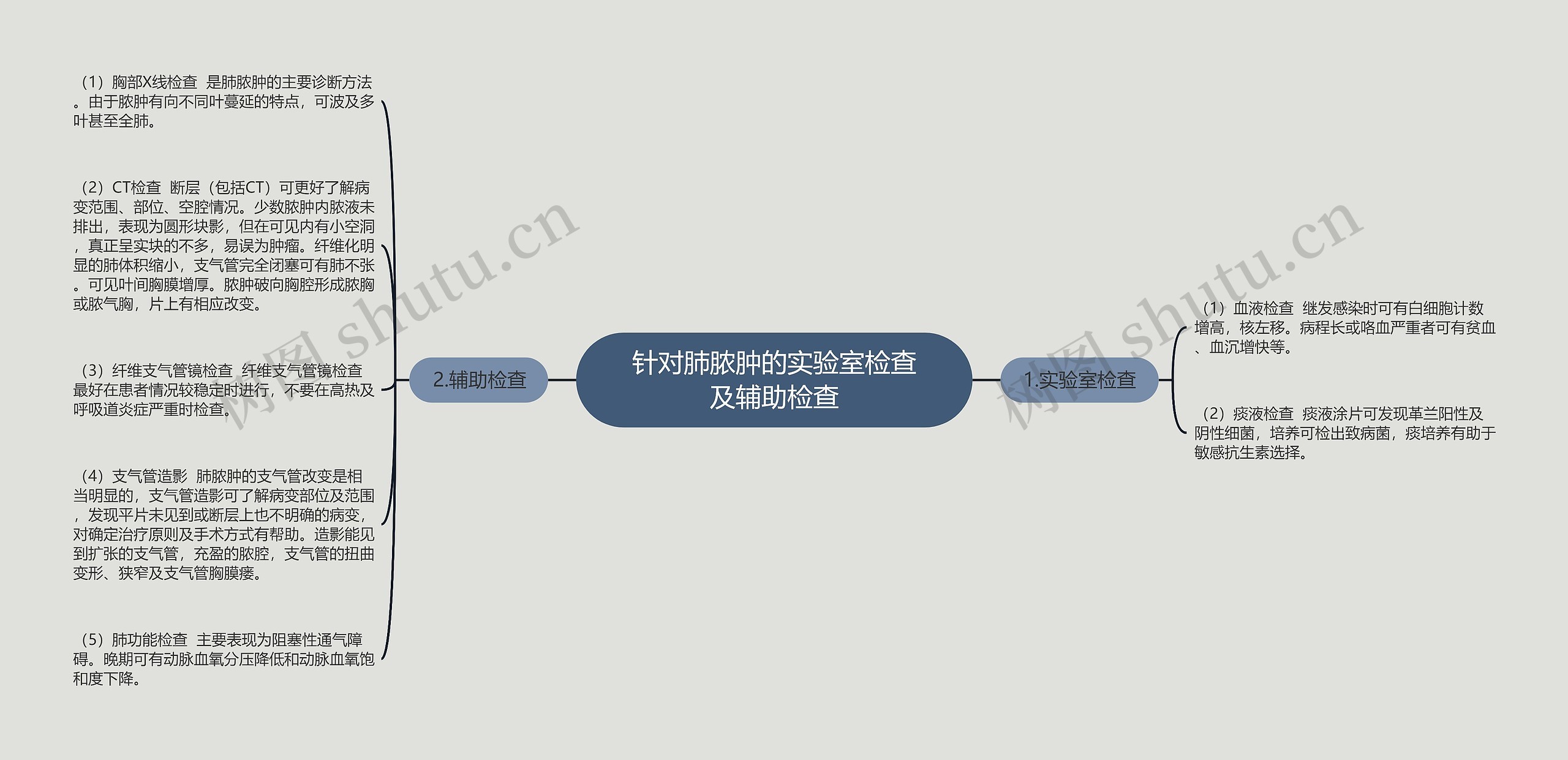 针对肺脓肿的实验室检查及辅助检查思维导图