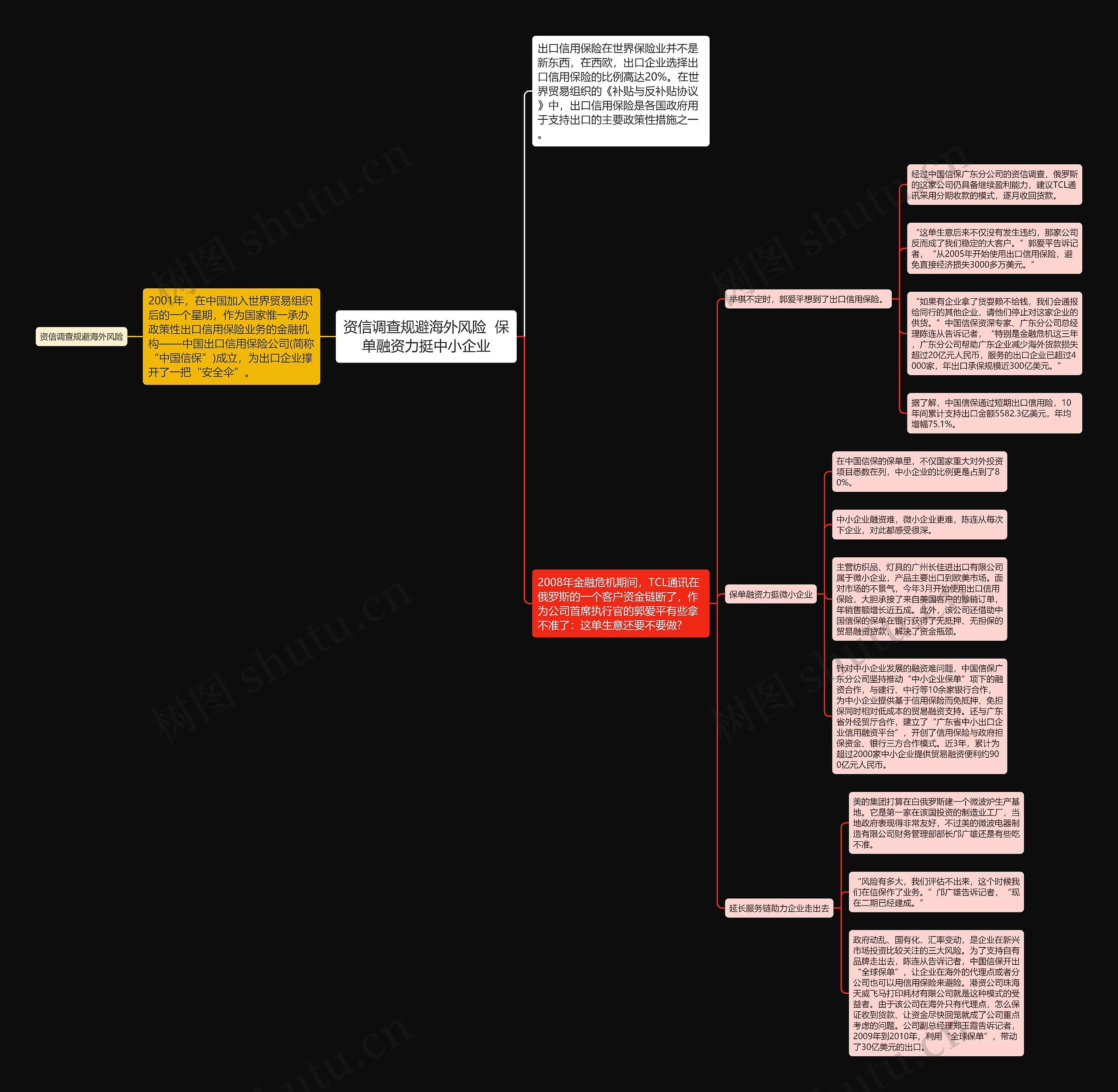 资信调查规避海外风险  保单融资力挺中小企业思维导图