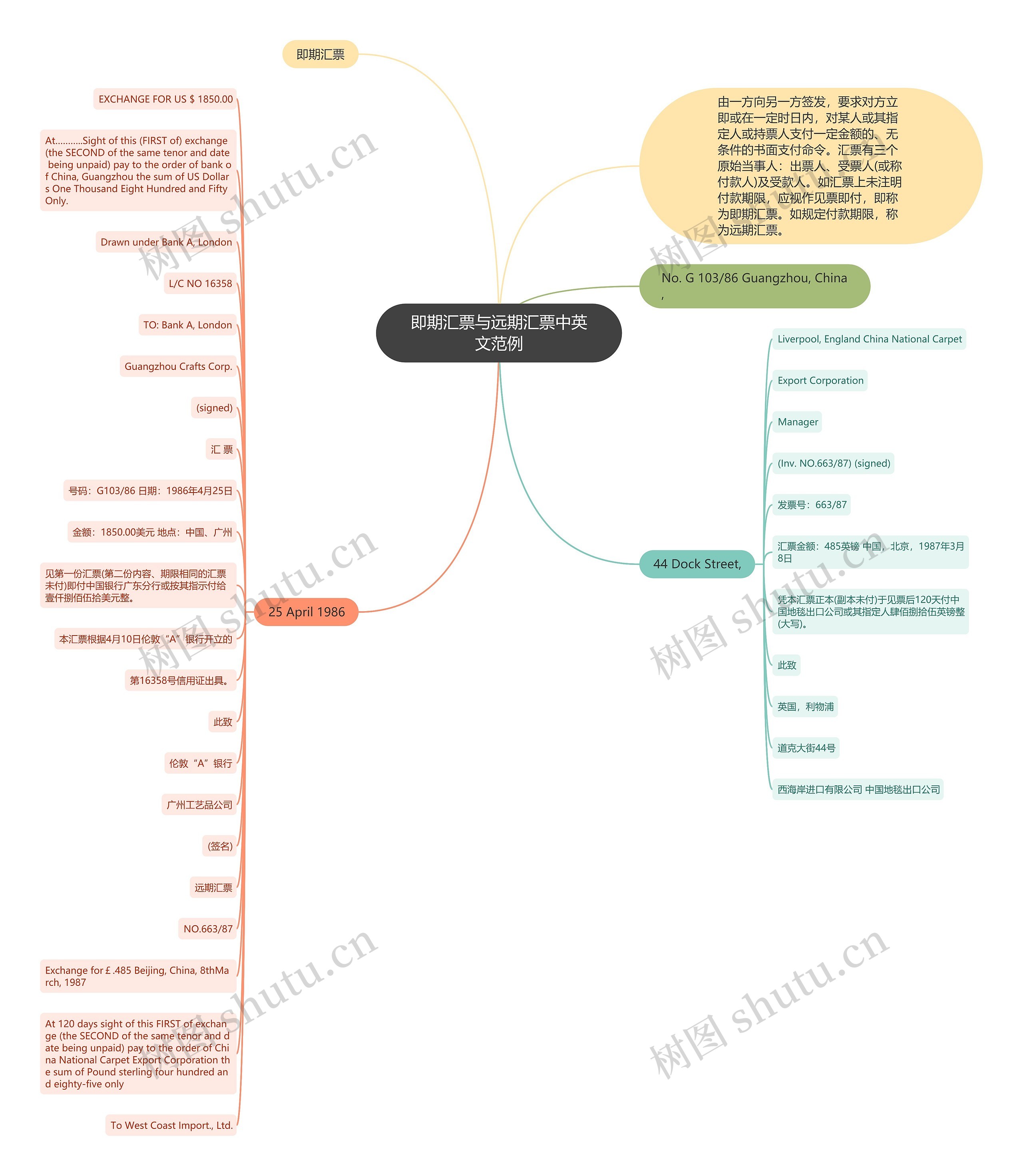 即期汇票与远期汇票中英文范例思维导图