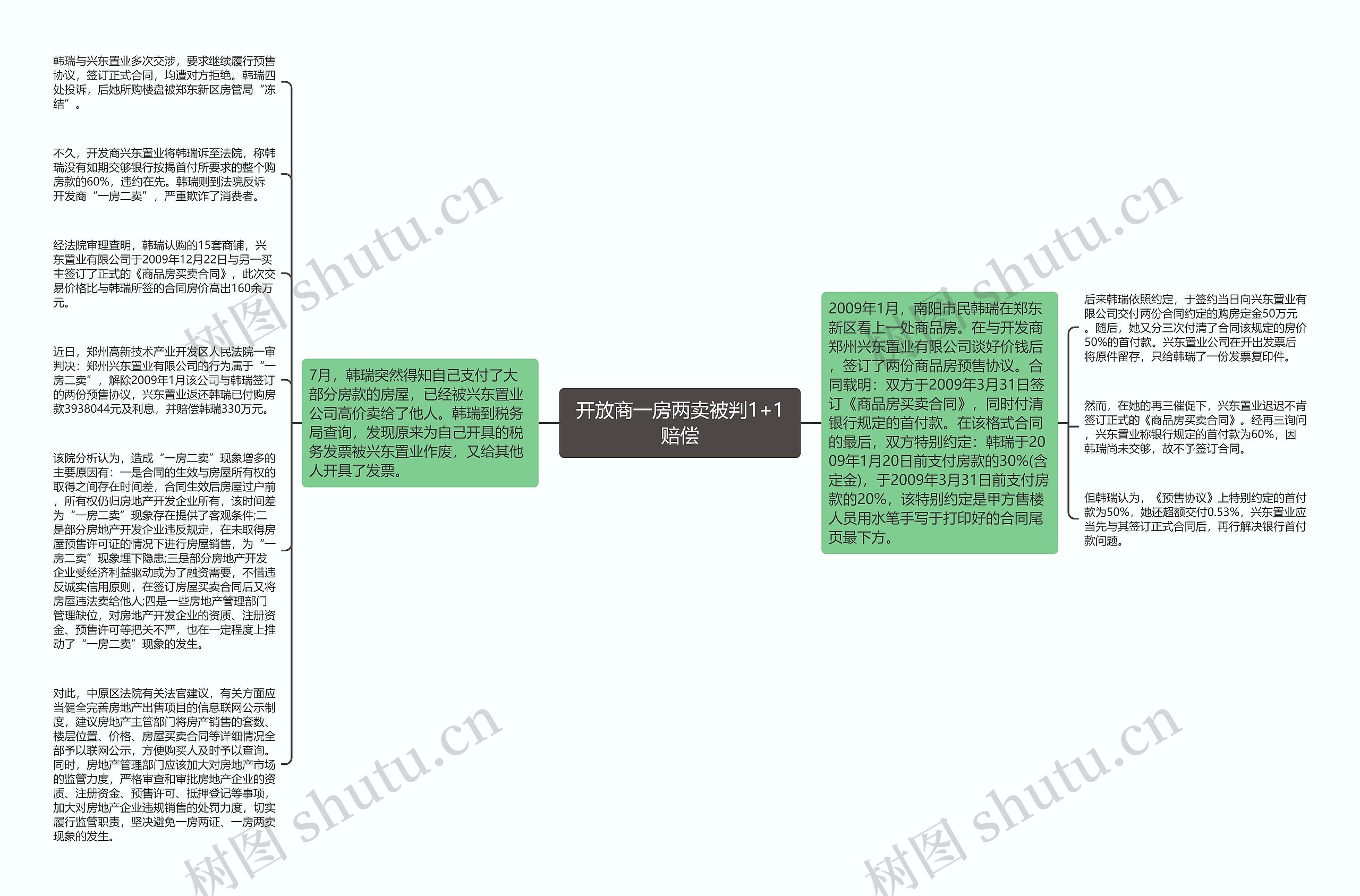 开放商一房两卖被判1+1赔偿思维导图